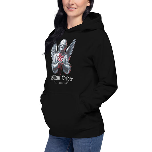 Person wearing a black hoodie with an angel design and 'Eternal Order' text on a white background