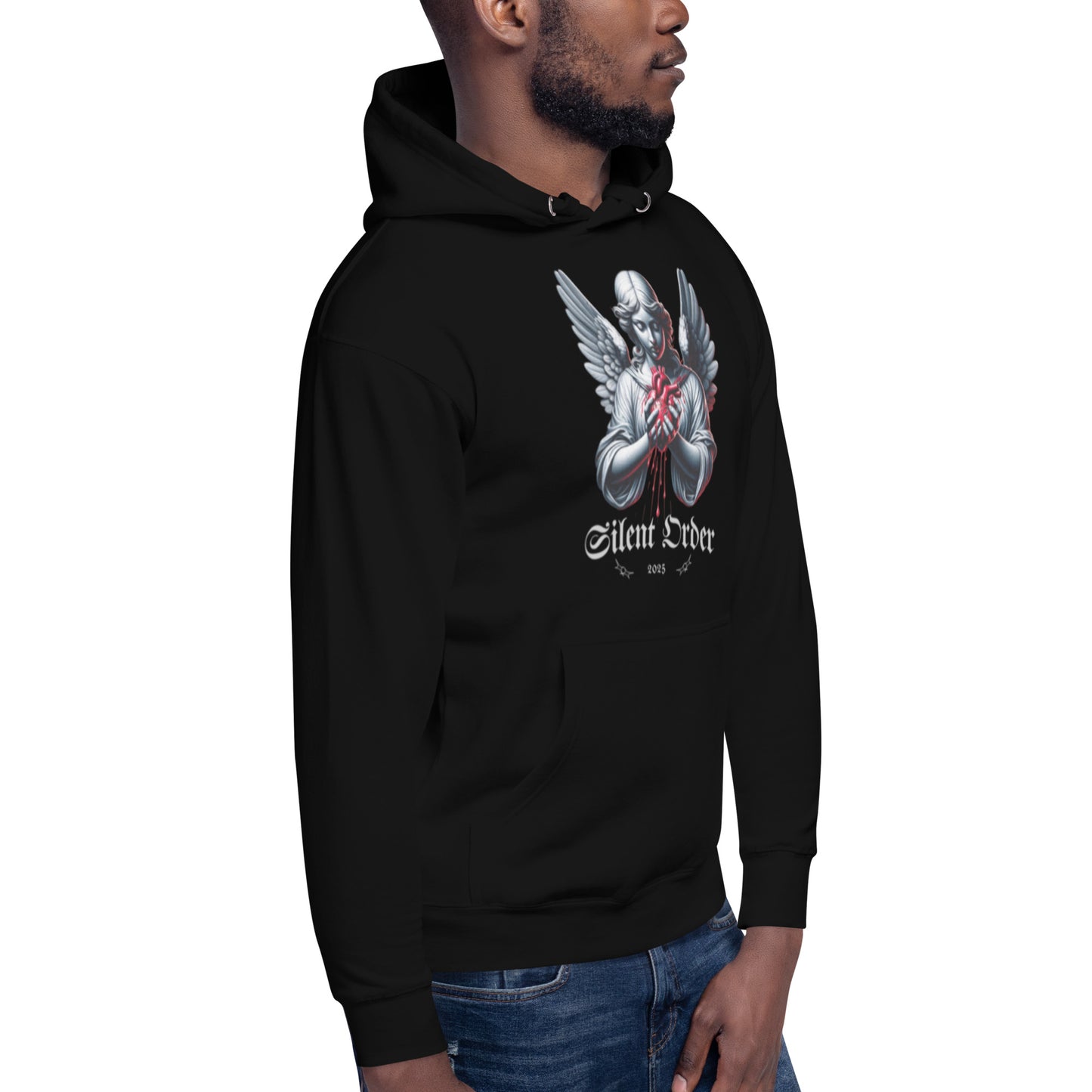 Person wearing a black hoodie with an angel design and 'Silent Order' text on a white background