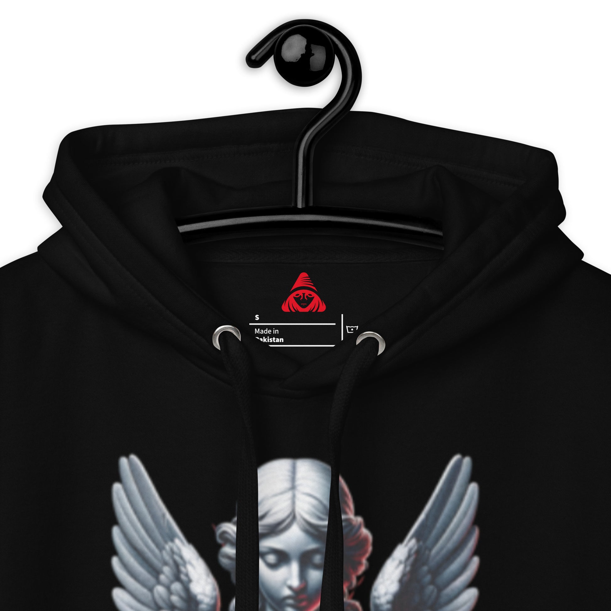 Black hoodie with angel design and brand logo on a hanger