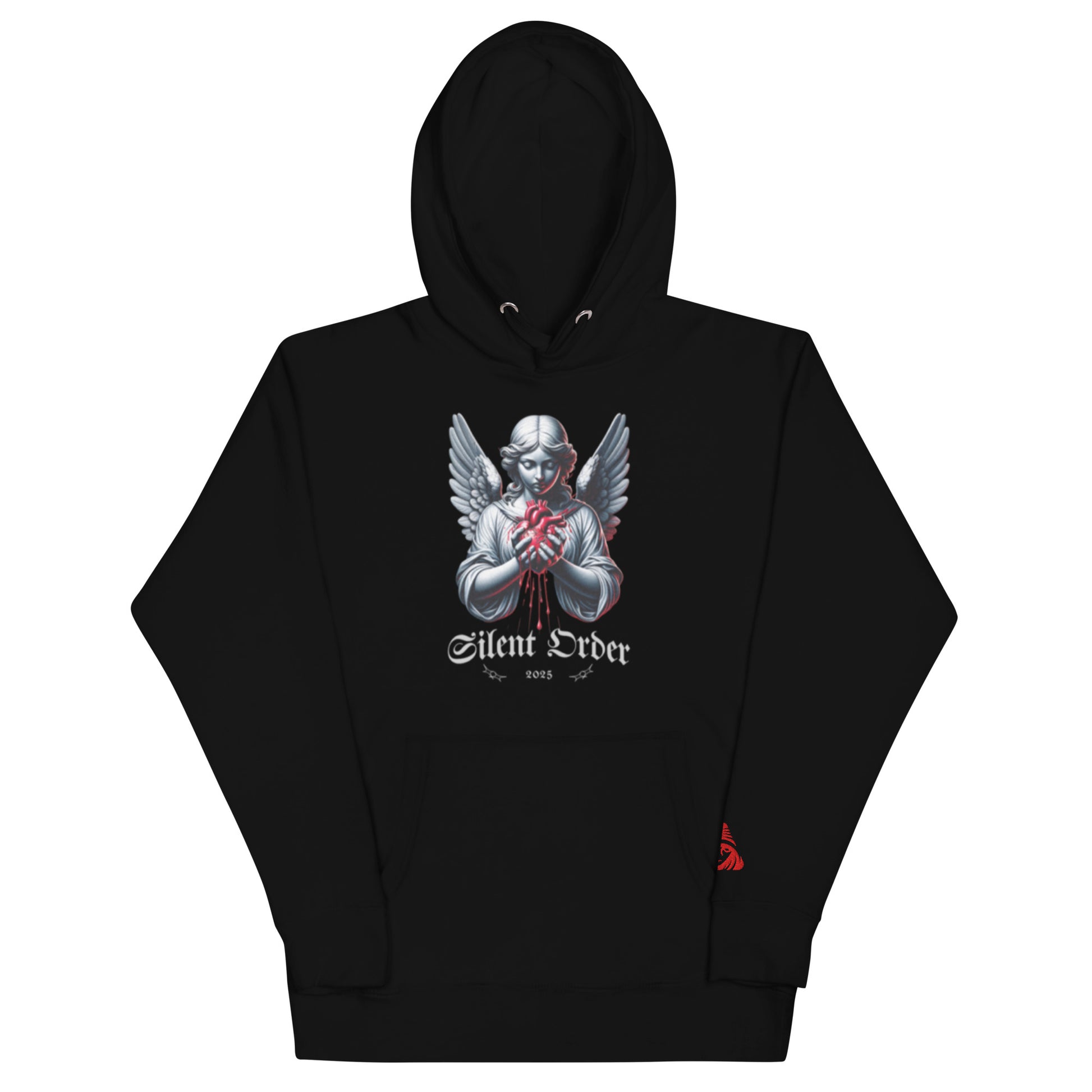 Black hoodie with an angel graphic and 'Silent Order' text on a white background