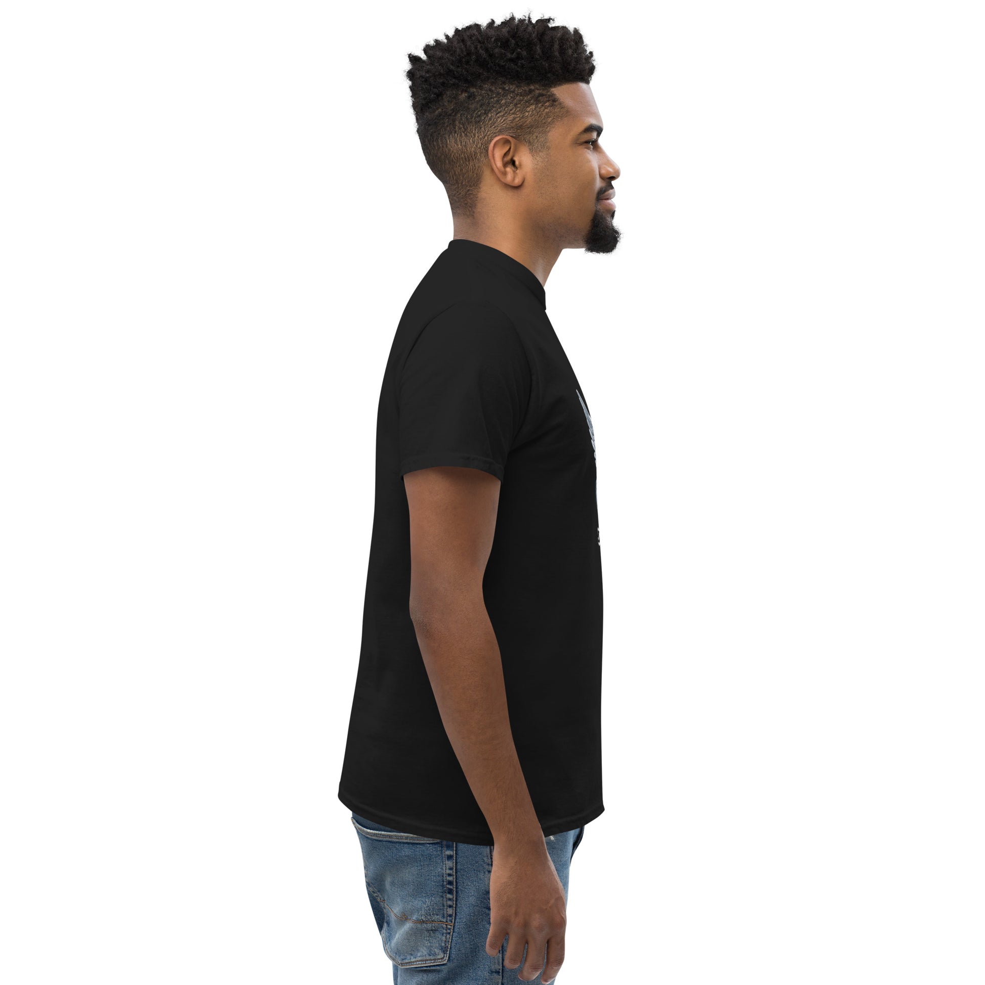 Man wearing a black t-shirt on a white background
