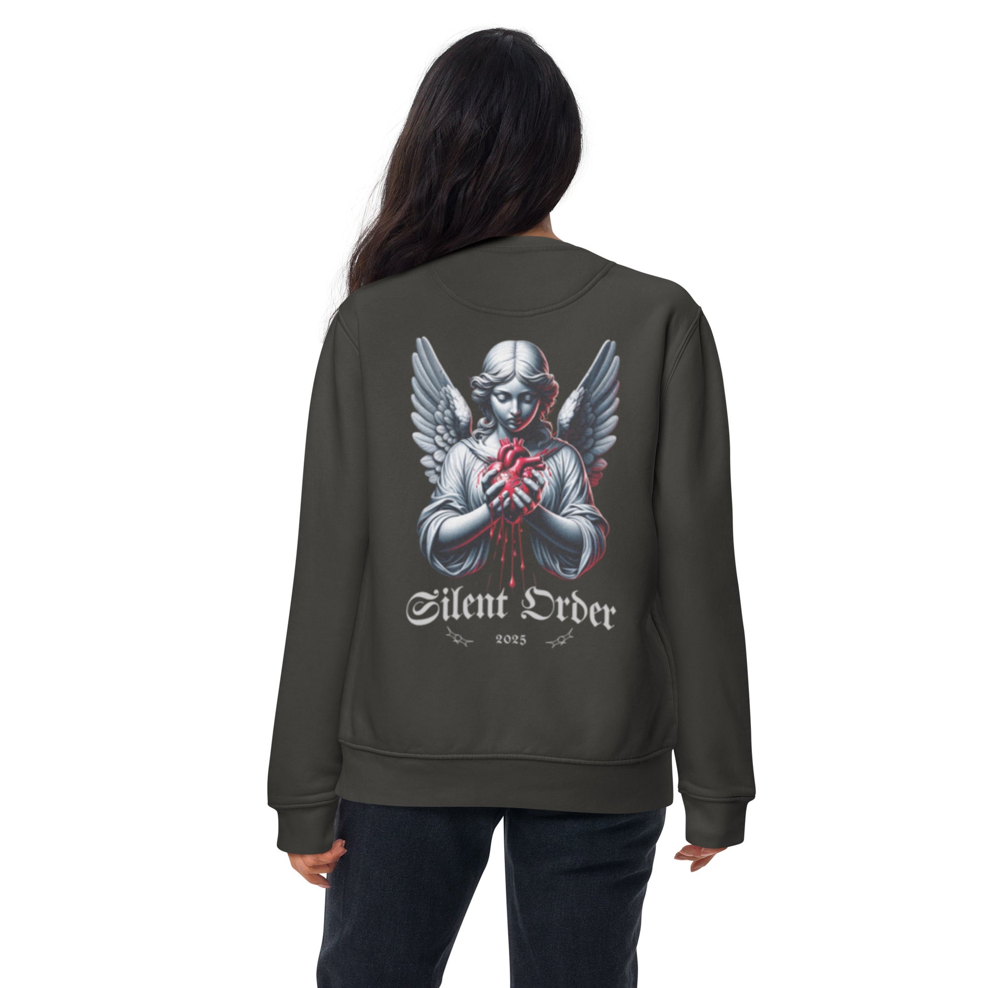 Person wearing a dark gray sweatshirt with an angel graphic and 'Silent Order' text on the back.