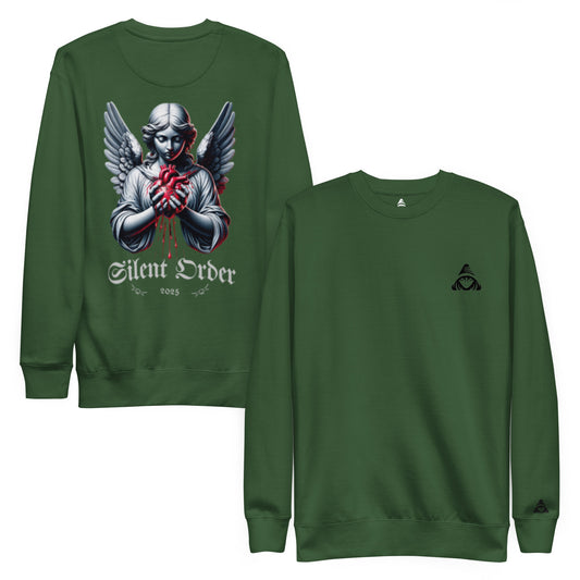 Green sweatshirt with angel graphic and 'Silent Order' text on front, small logo on sleeve.