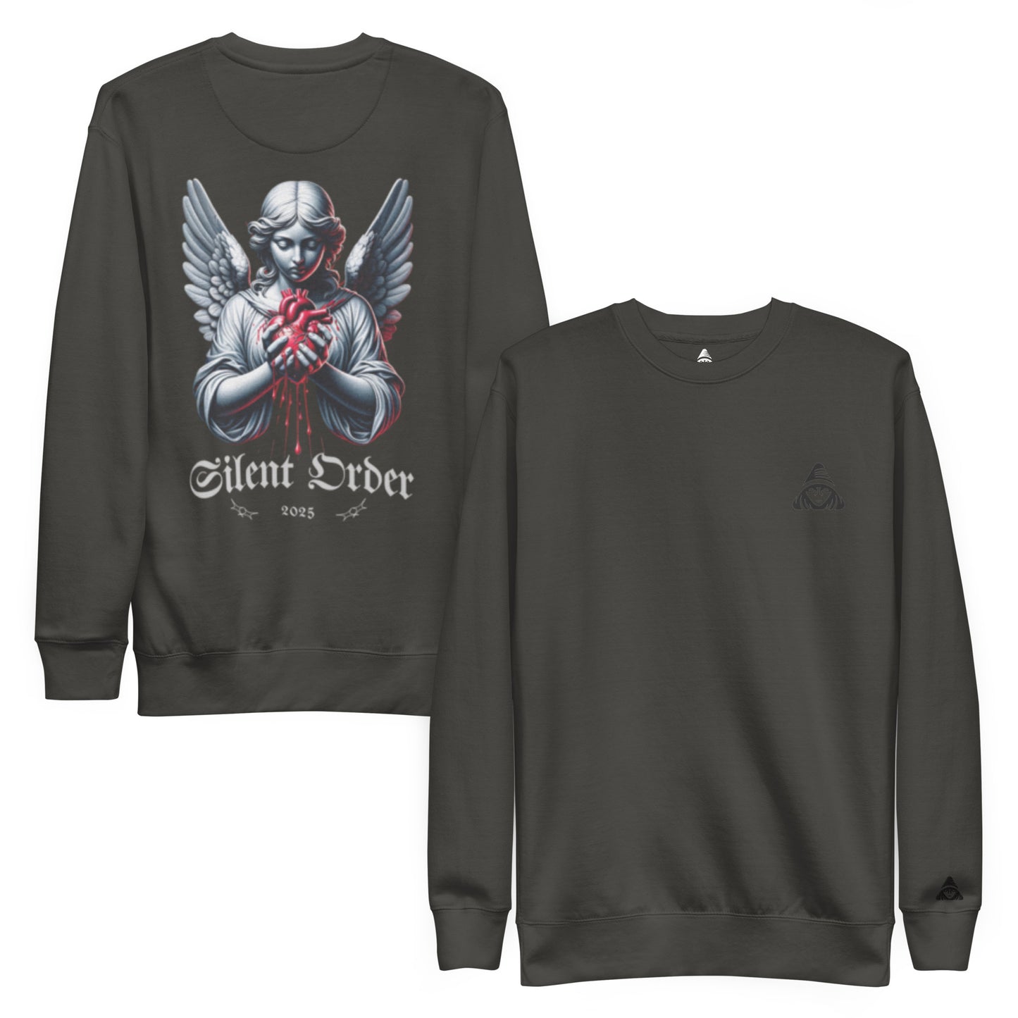 Black sweatshirt with an angel graphic and 'Silent Order' text on a white background