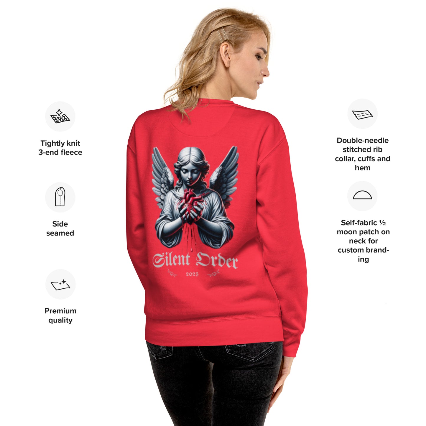 Red sweatshirt with angel design and 'Silent Order' text, worn by a person, on a white background with product features listed.