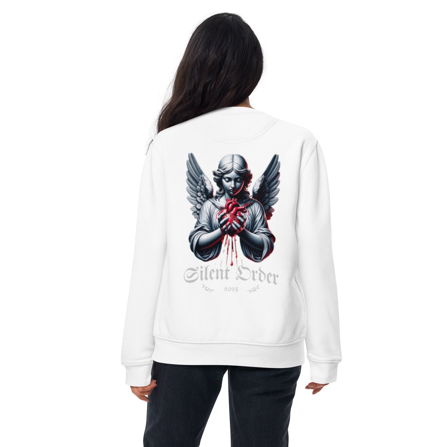 White sweatshirt with an angel graphic and 'Silent Order' text on the back, worn by a person.