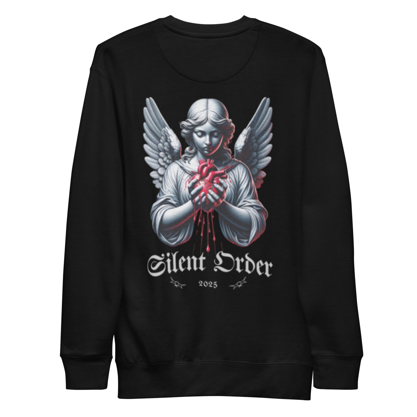 Black sweatshirt with an angel graphic and 'Silent Order' text on a white background