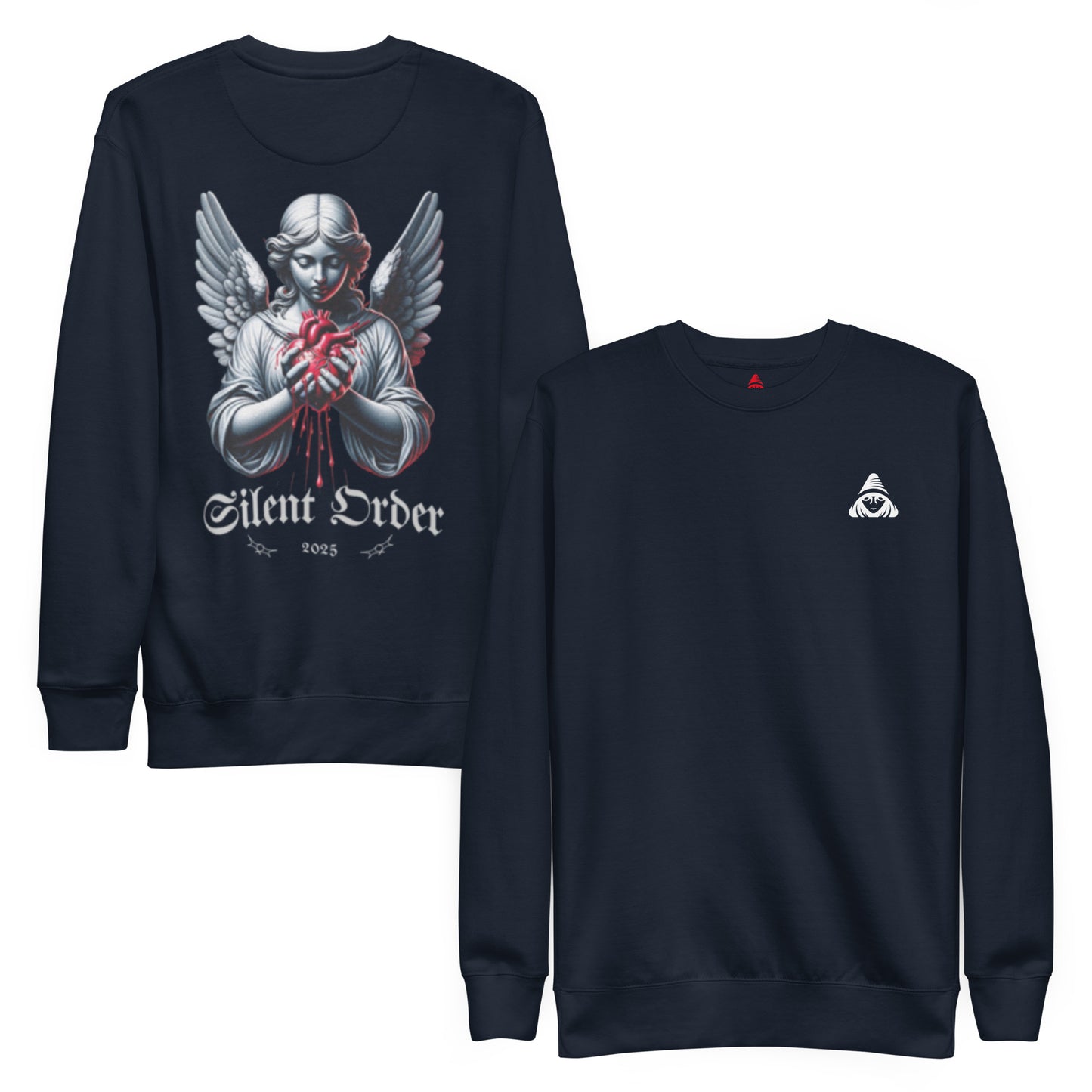 Two black sweatshirts with graphic designs on a white background
