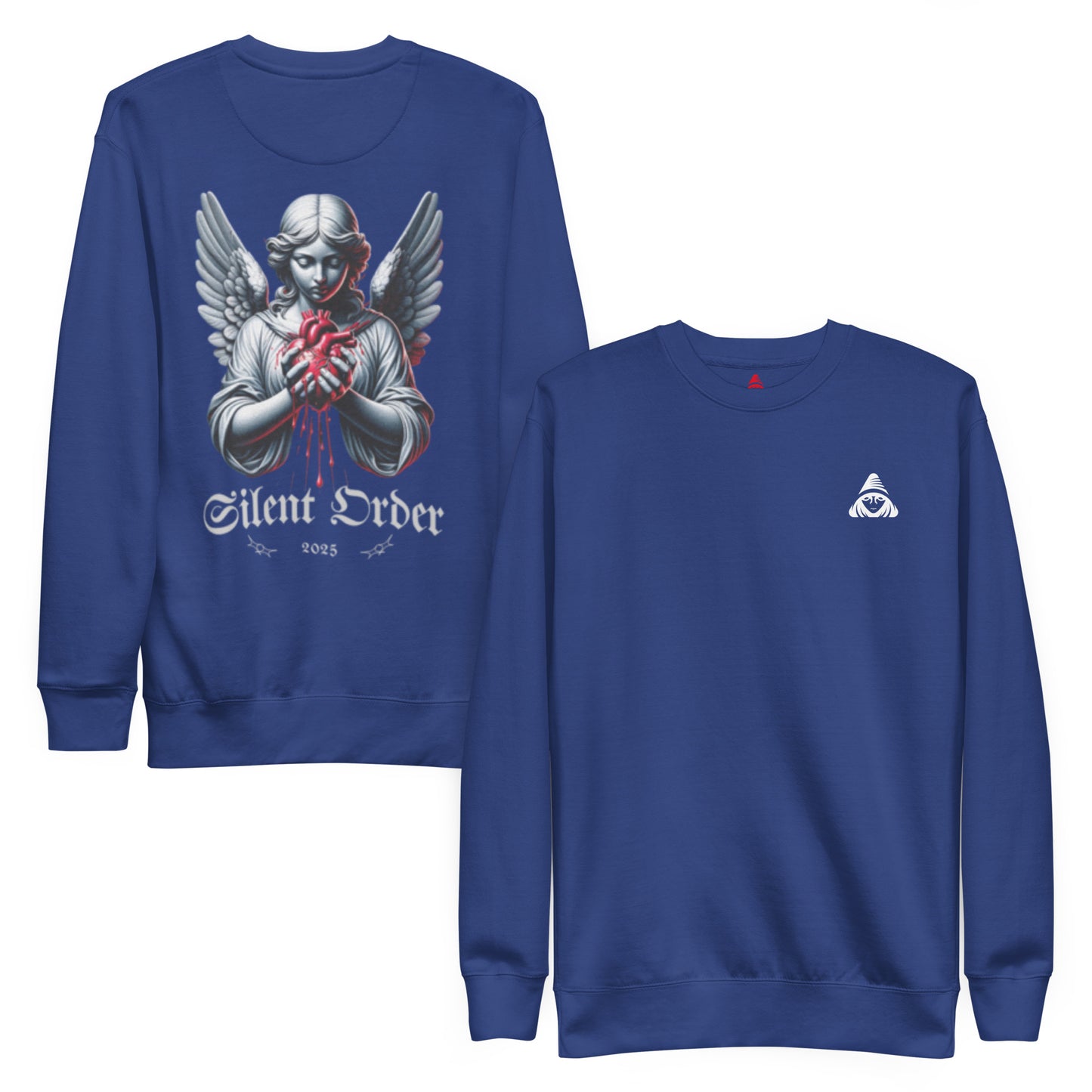 Blue sweatshirt with angel graphic and 'Silent Order' text on front, white logo on back