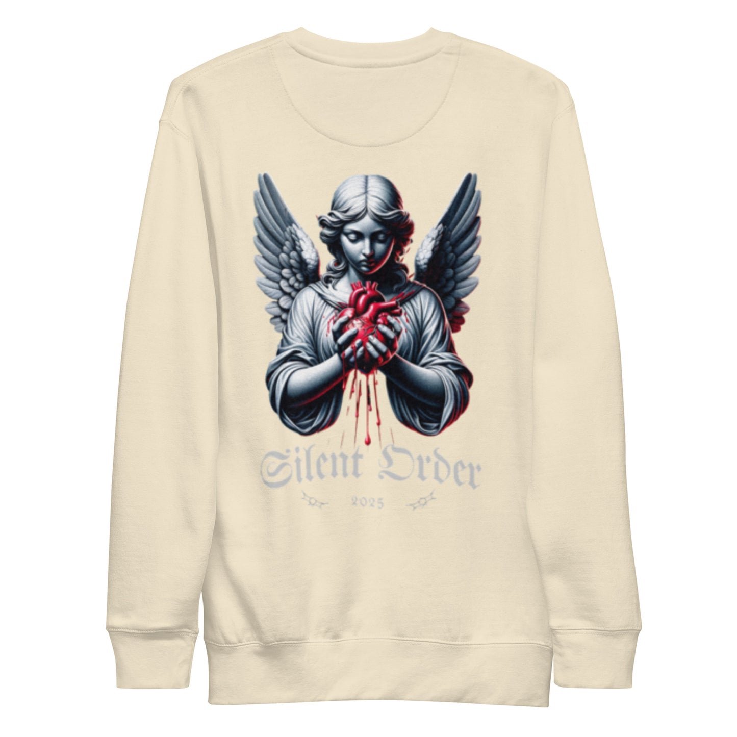 Beige sweatshirt with an angel holding a heart design and 'Silent Order' text on a white background