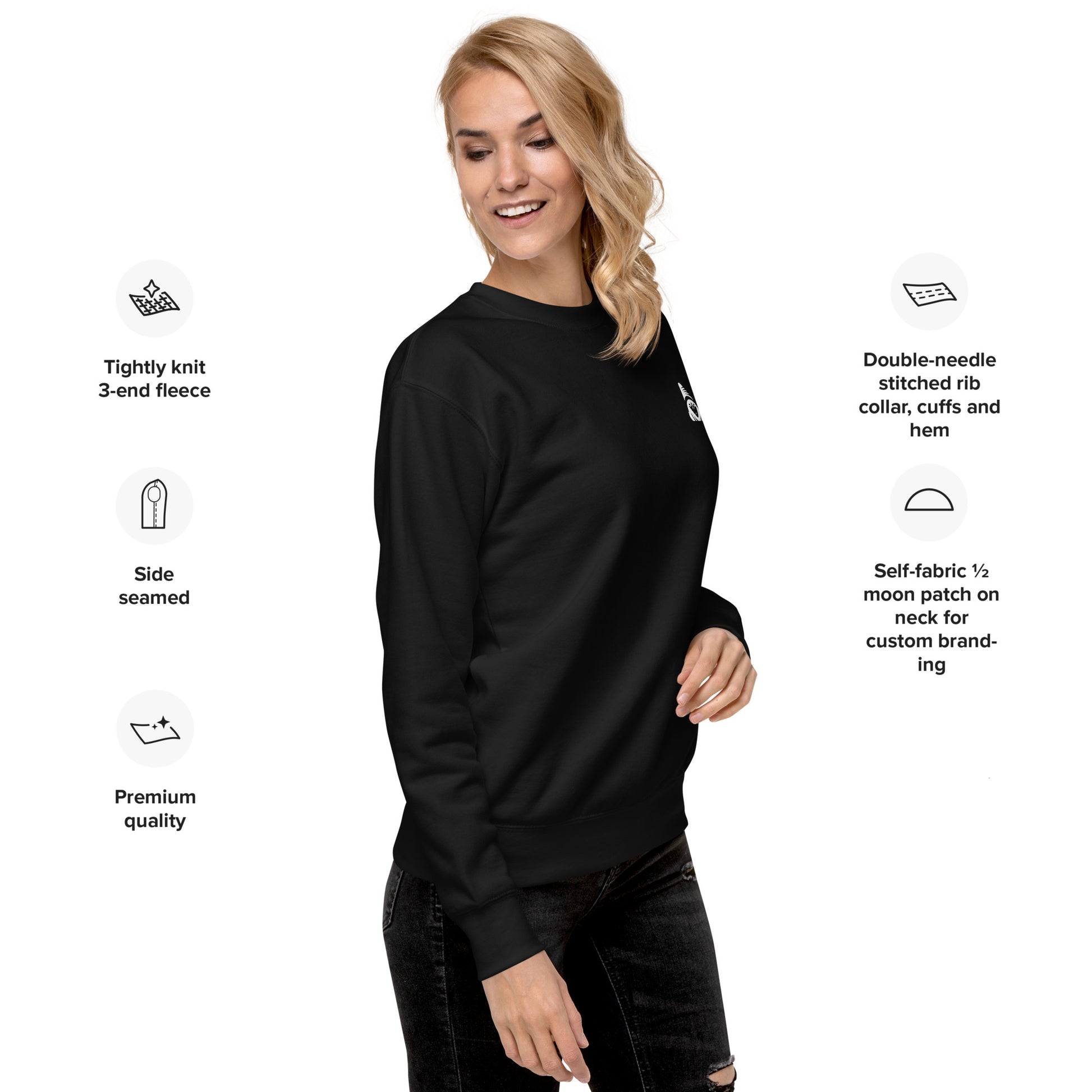 Woman wearing a black sweatshirt with text detailing features on a white background