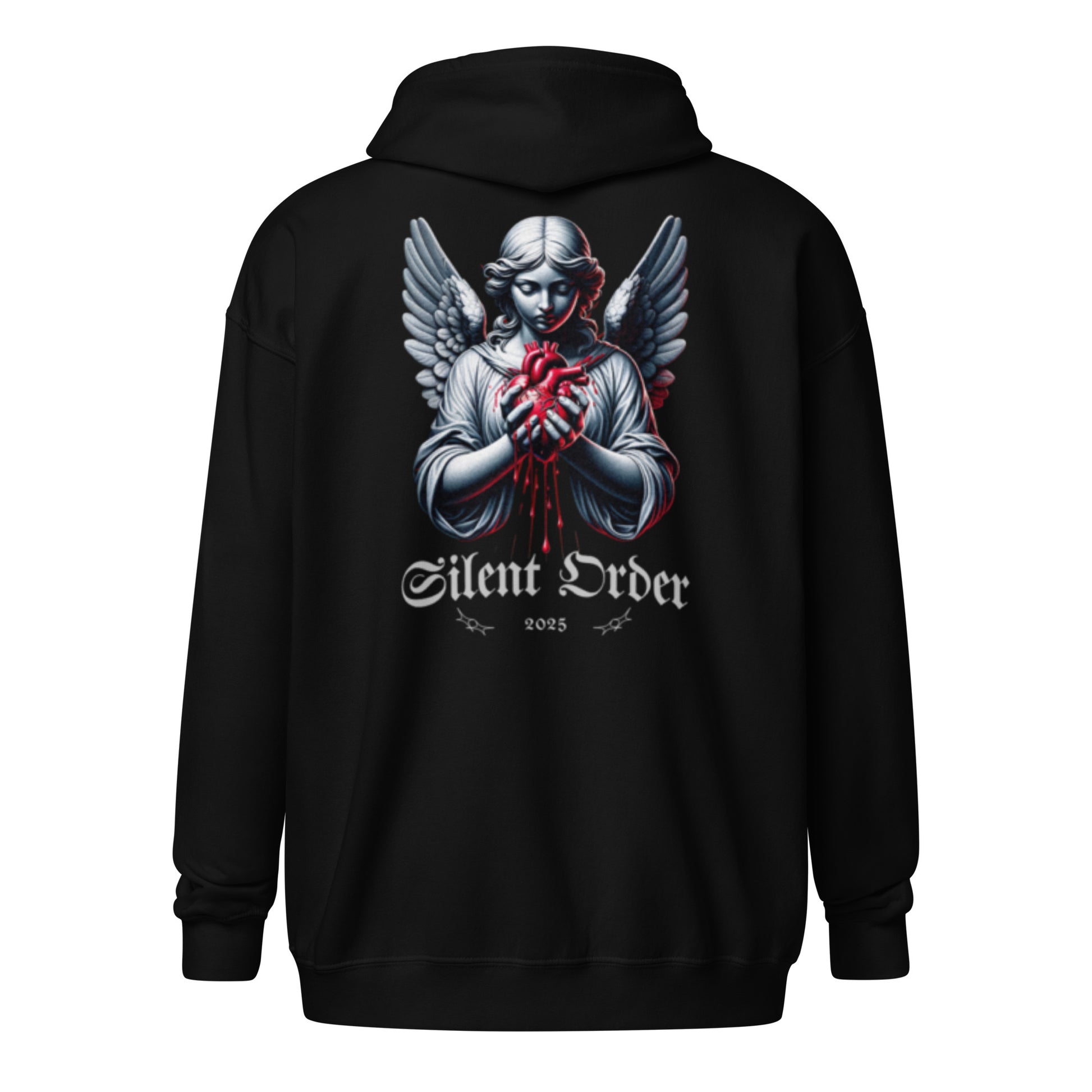 Black hoodie with an angel graphic and 'Silent Order' text on the back, displayed on a white background.