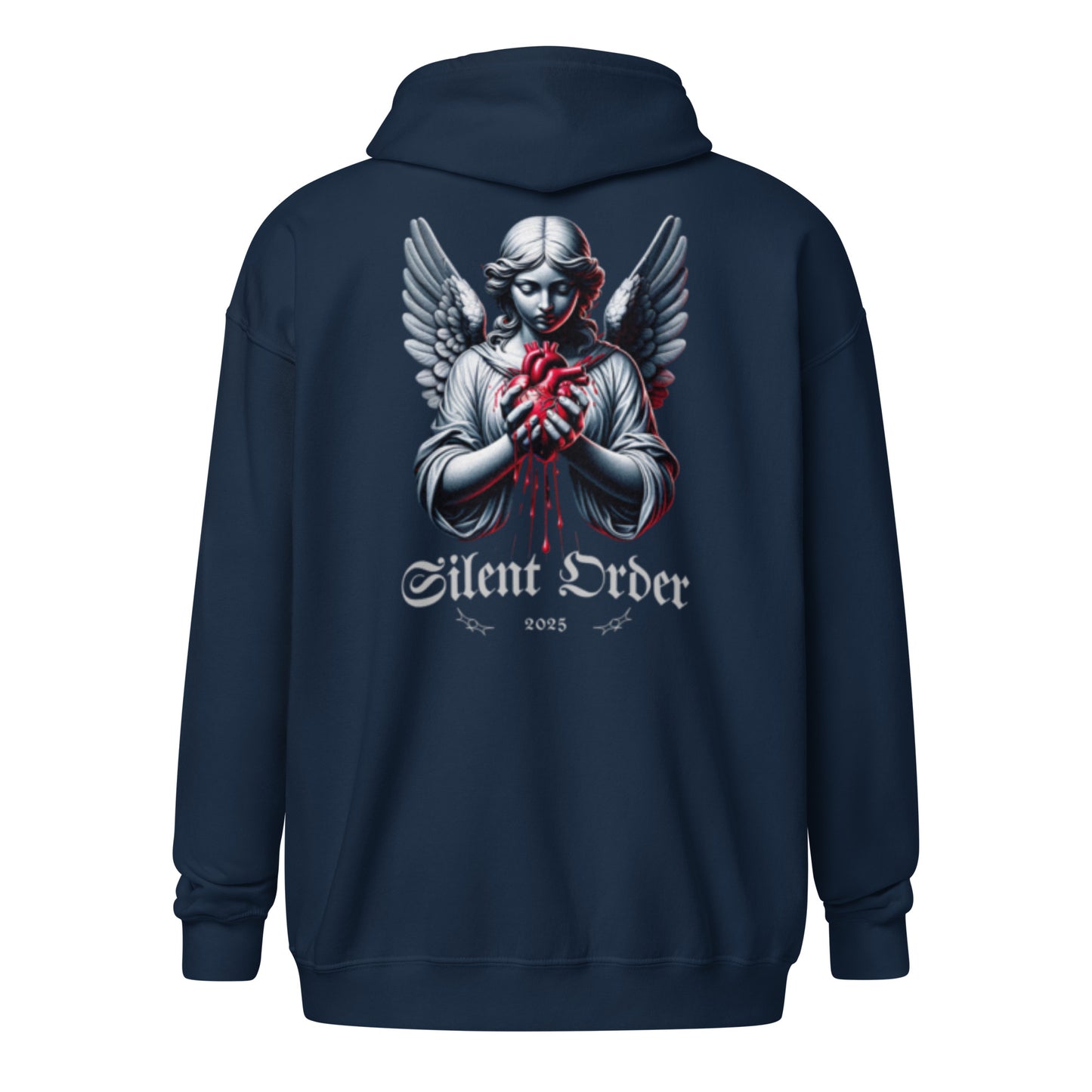 Navy blue hoodie with an angel graphic and 'Silent Order' text on the back against a white background
