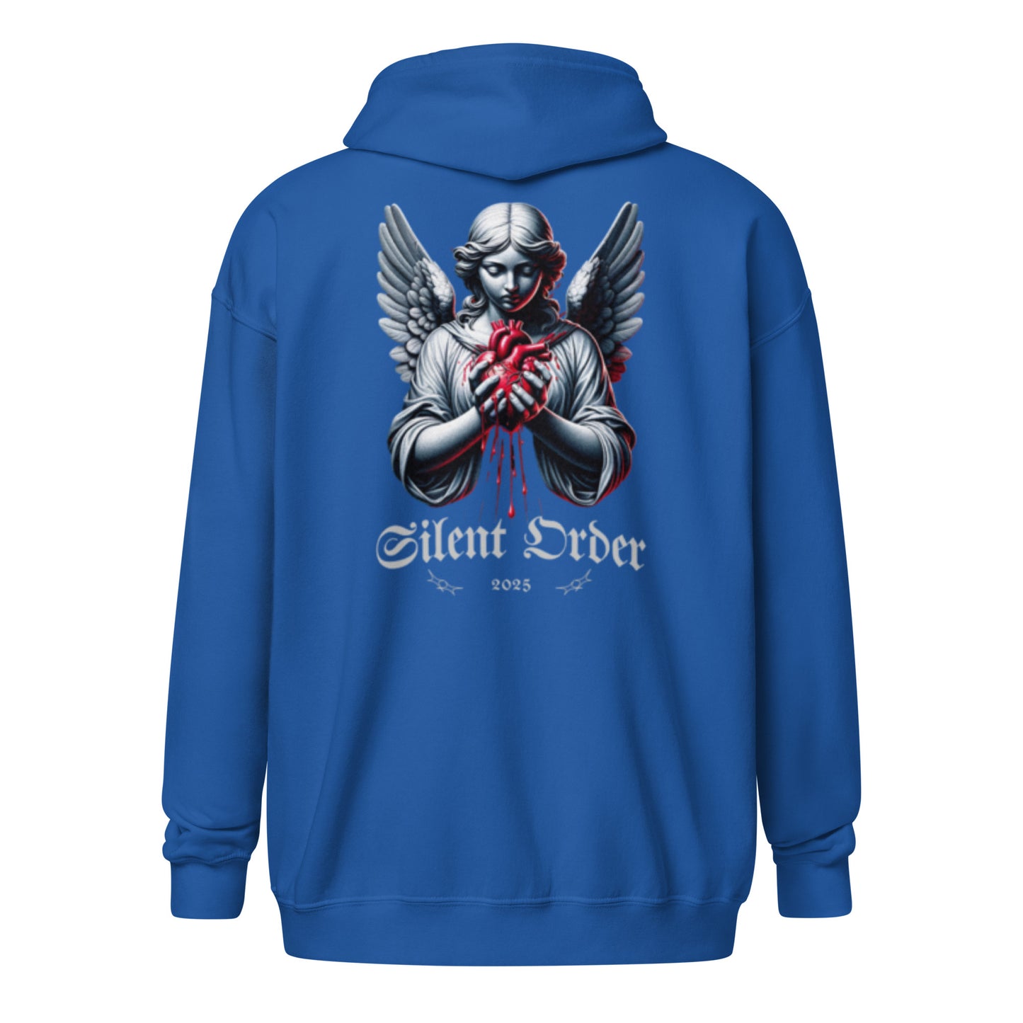 Blue hoodie with an angel graphic and 'Silent Order' text on the back, against a white background