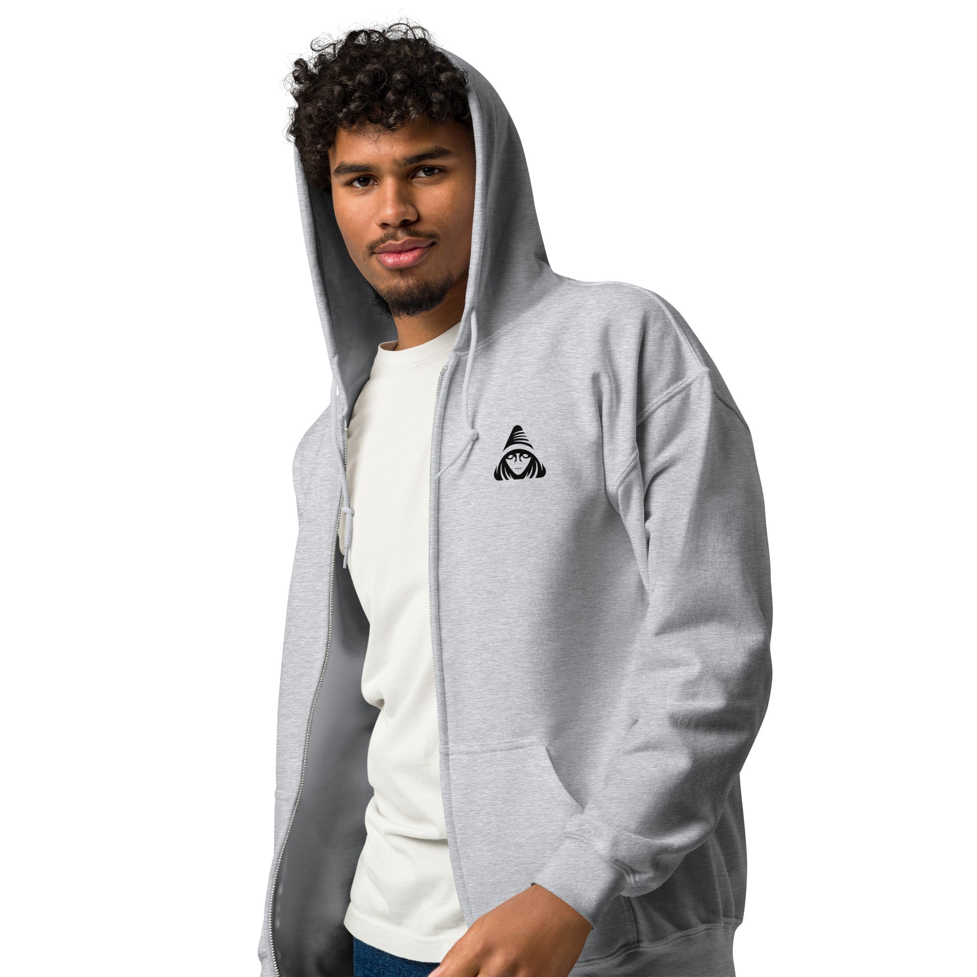 Person wearing a gray hoodie with a logo on a white background