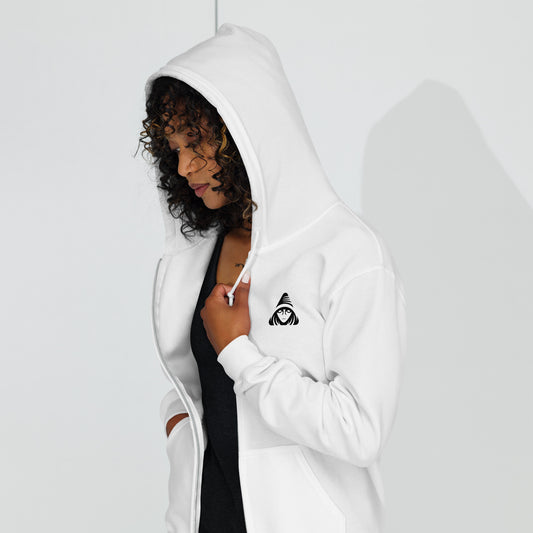 Person wearing a white hoodie with a logo on a light gray background