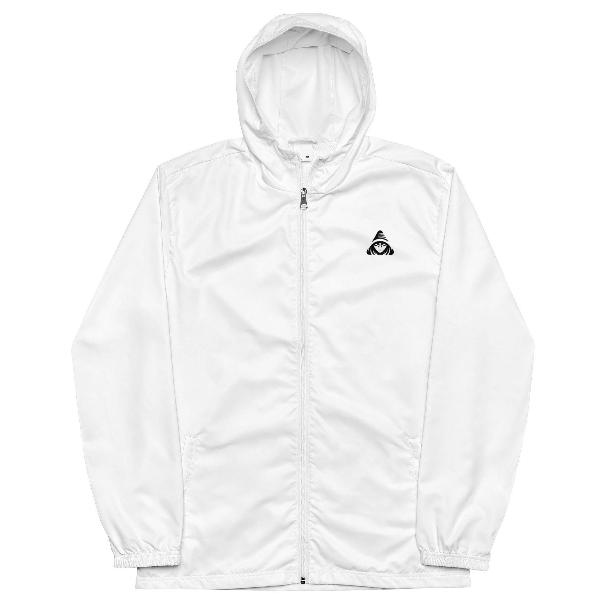 White hoodie with a black logo on a white background
