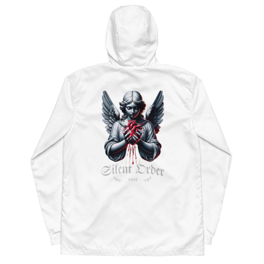 White hoodie with a graphic design on the back on a white background