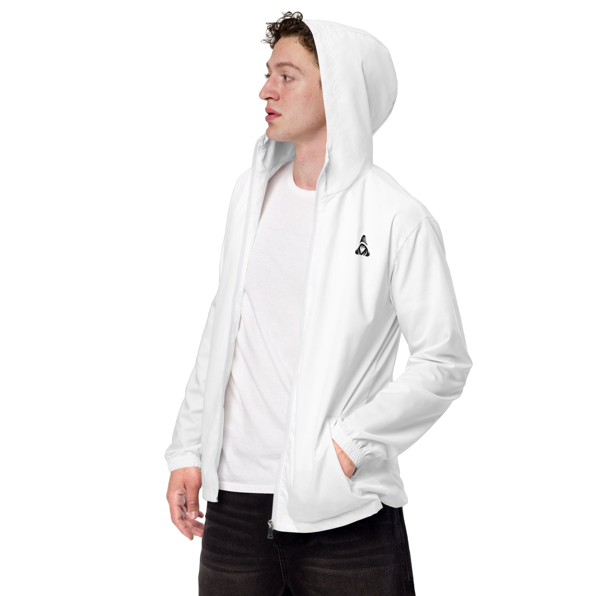 Person wearing a white hoodie with a logo on a white background