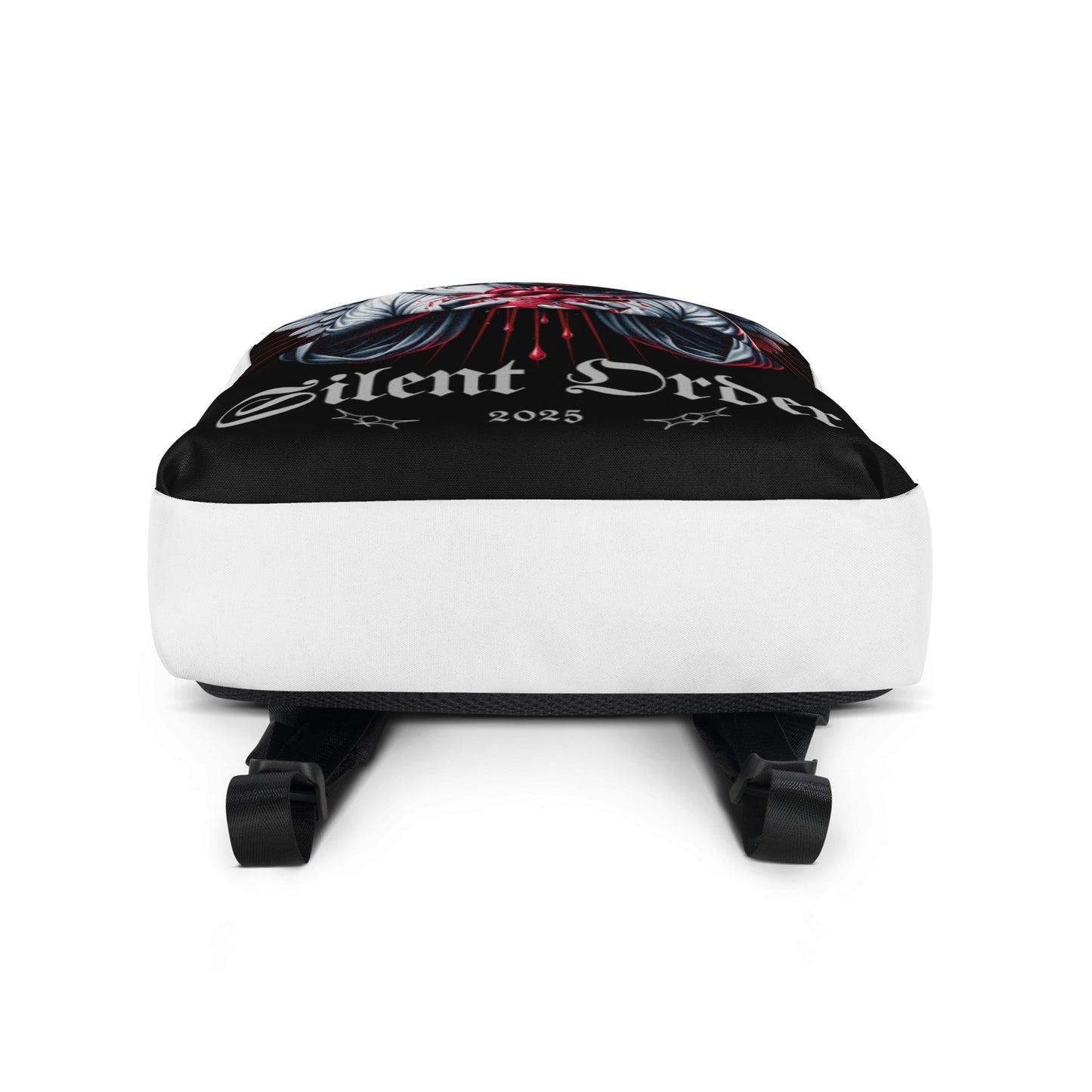 Black and white suitcase with 'Silent Order' branding on a white background