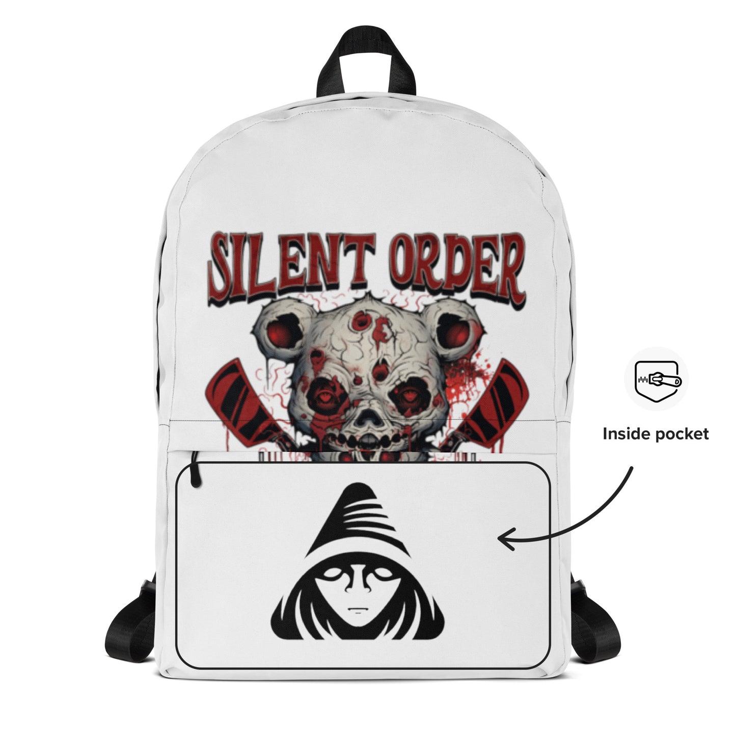 Backpack with 'Silent Order' design featuring a skull and crossed swords on a white background.