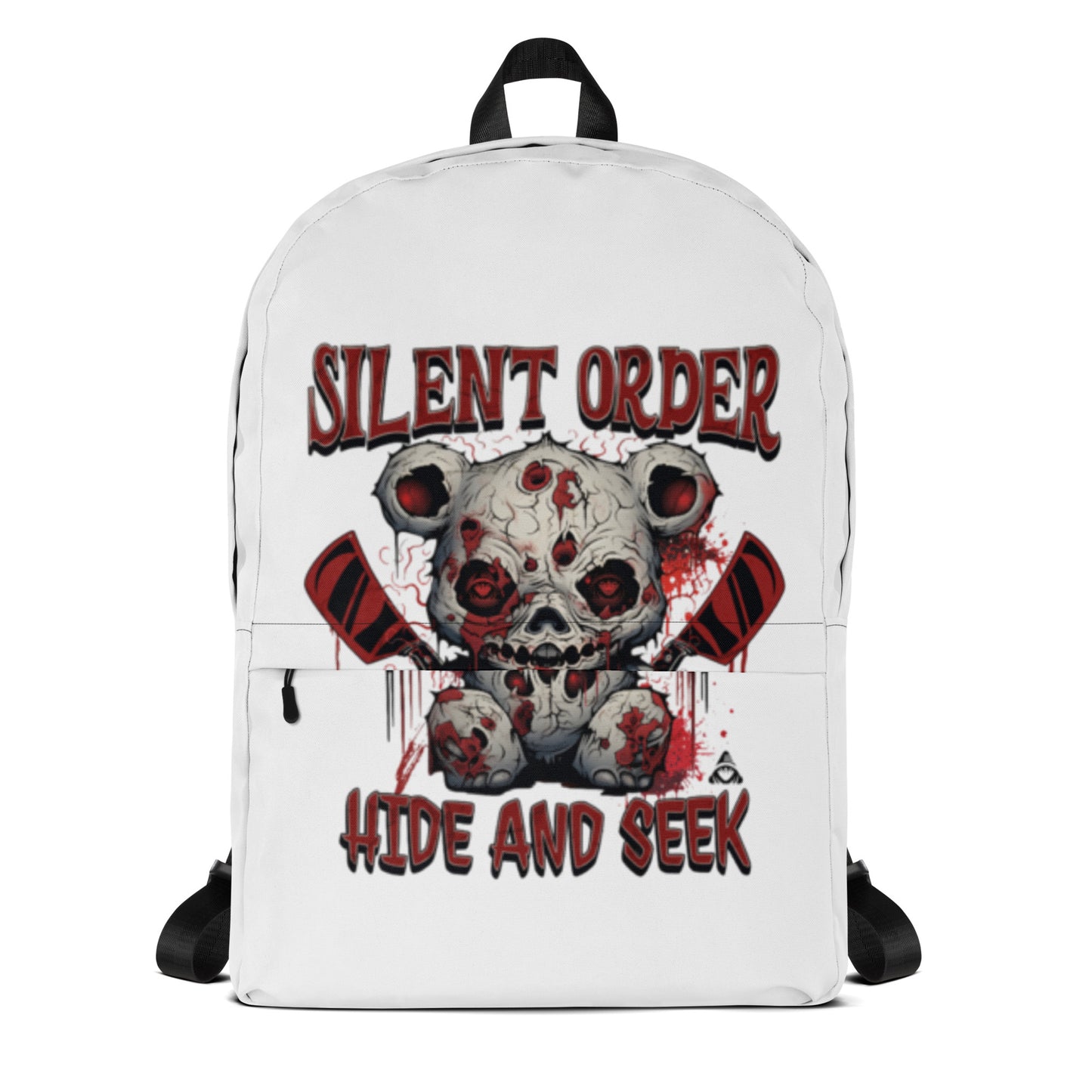 Backpack with a graphic design of a zombie bear and text 'Silent Order' and 'Hide and Seek' on a white background.