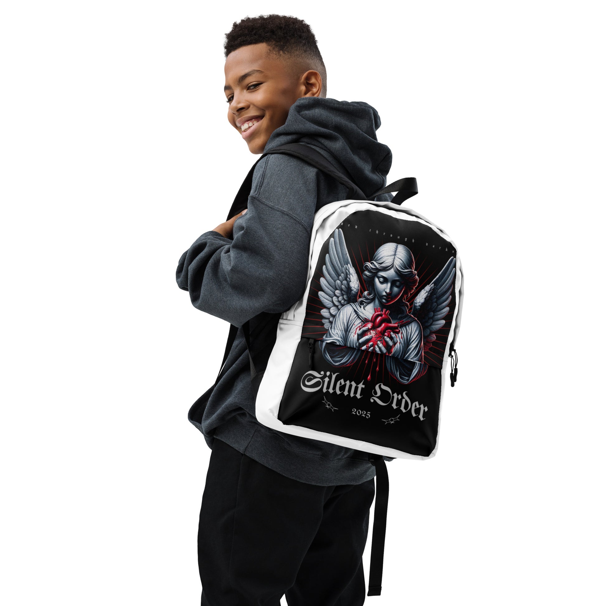 Person wearing a backpack with a graphic design and 'Silent Order' text on a white background