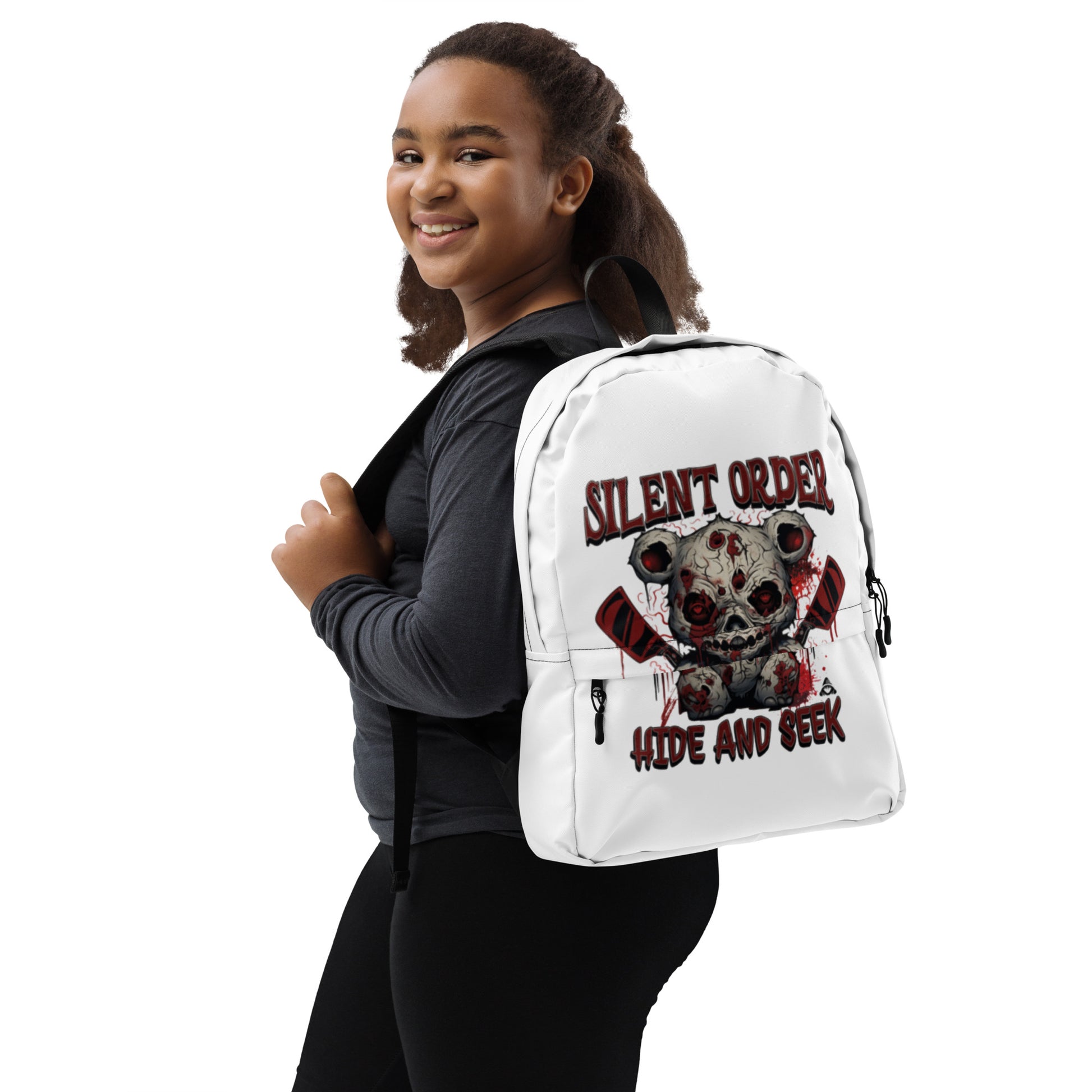 Person wearing a white backpack with a graphic design and text on a white background