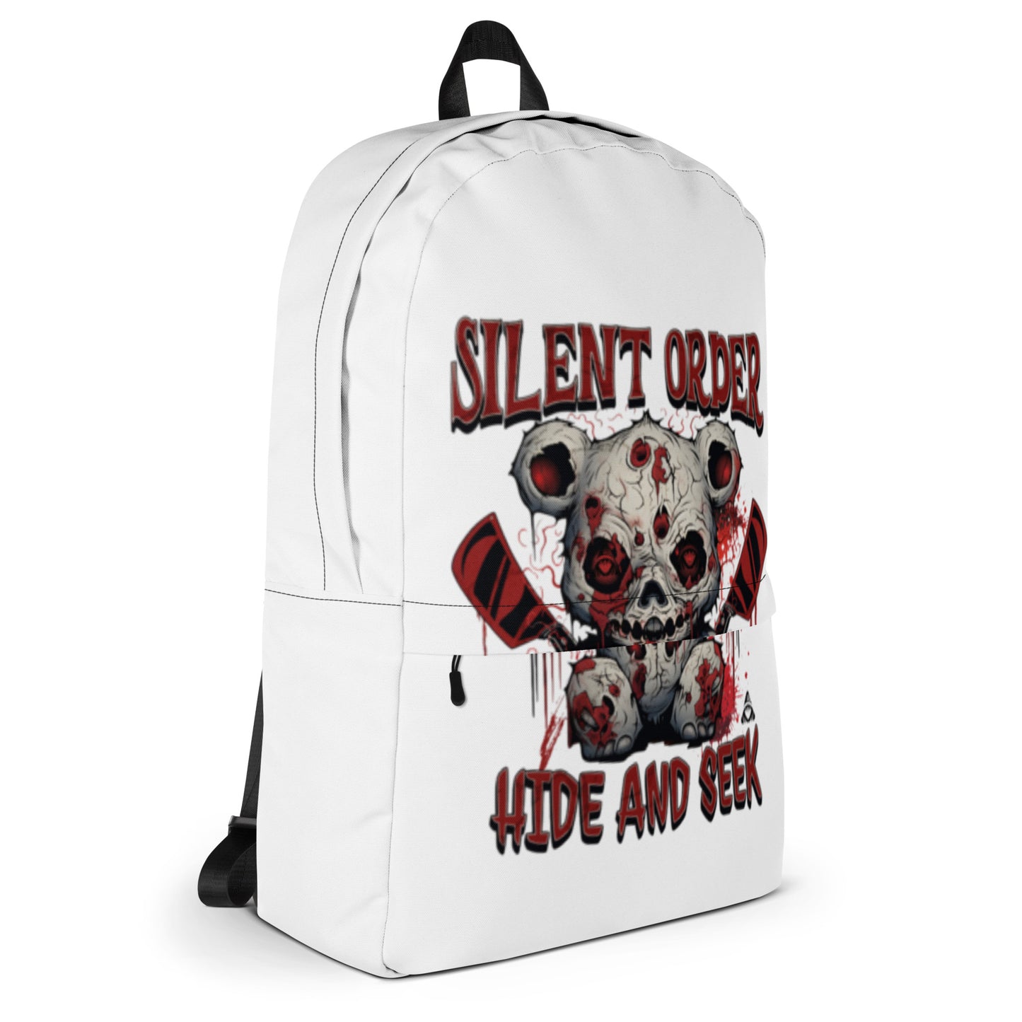 White backpack with a graphic design of a skull and text on a white background