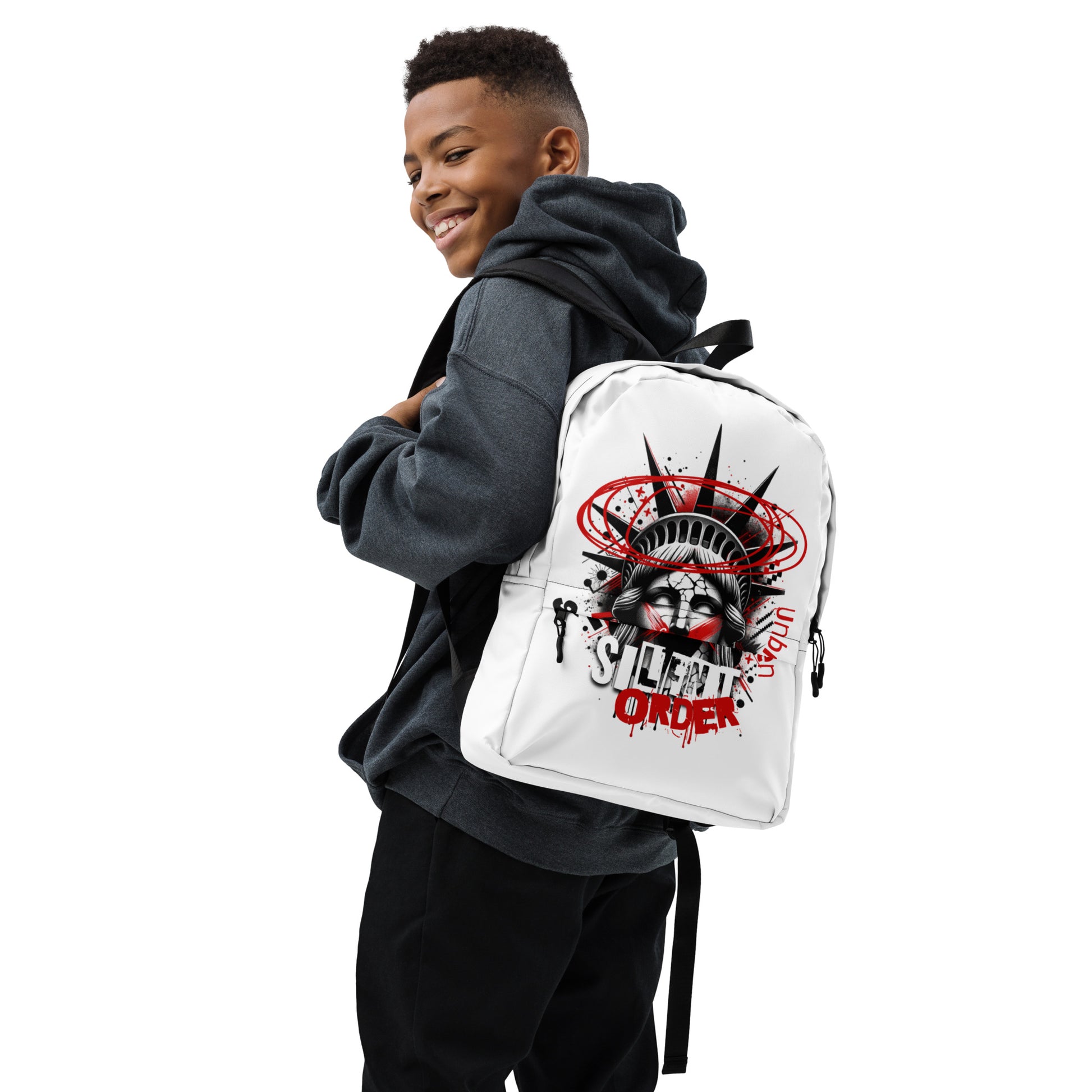 Person wearing a white backpack with a graphic design on a white background