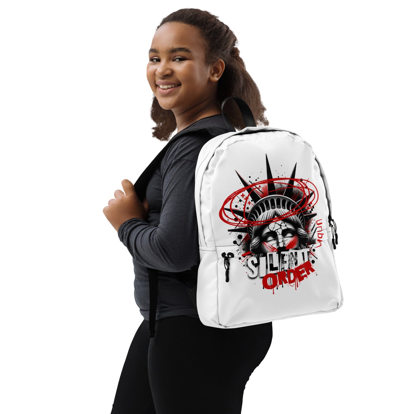 Person wearing a white backpack with a graphic design on a white background