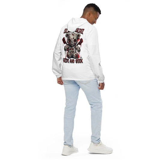 Person wearing a white hoodie with a graphic design on the back, standing against a white background