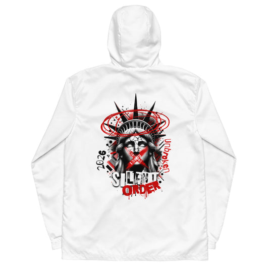 White hoodie with a graphic design on the back featuring a stylized face with a red cross and text.