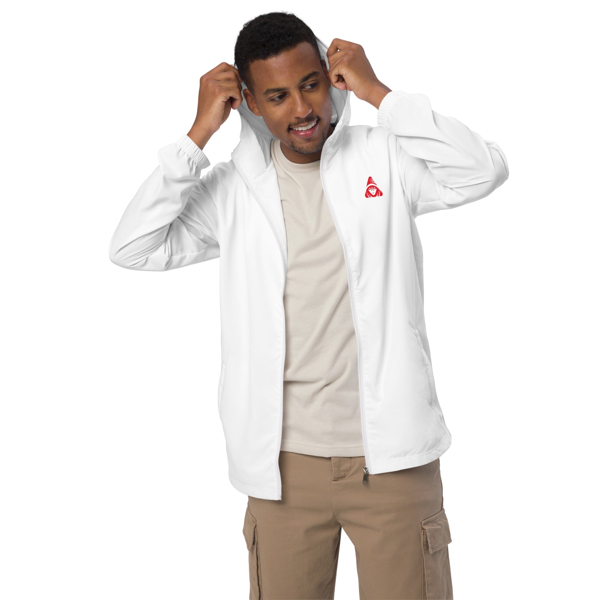 Man wearing a white jacket with a red logo on a white background