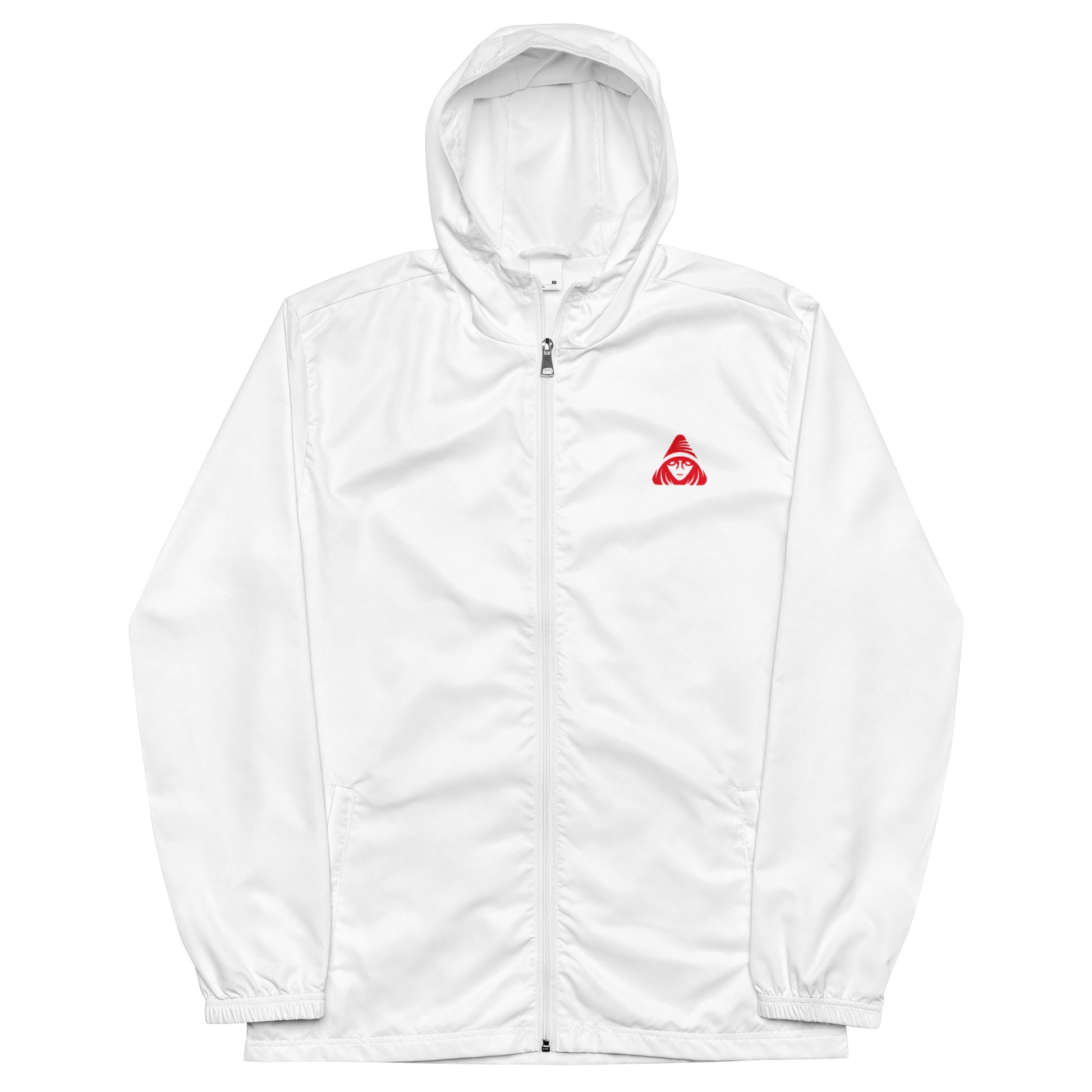 White hoodie with a red logo on a white background
