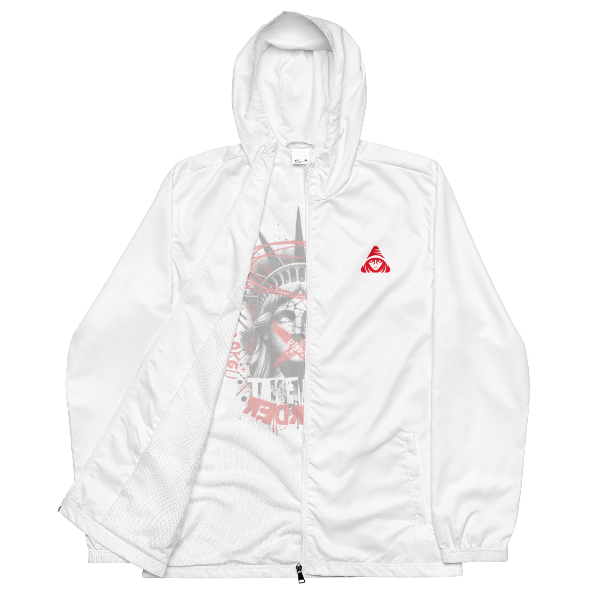White jacket with a graphic design on a white background