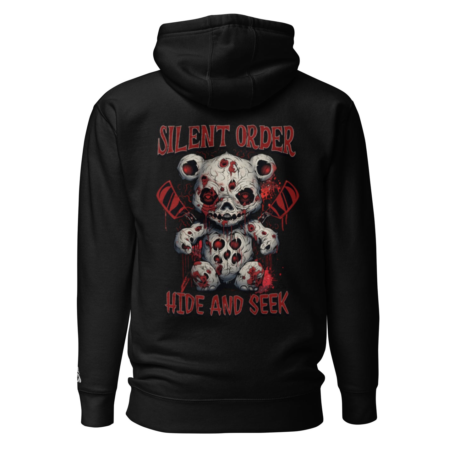 Black hoodie with a graphic design of a bear and text on the back, on a white background.