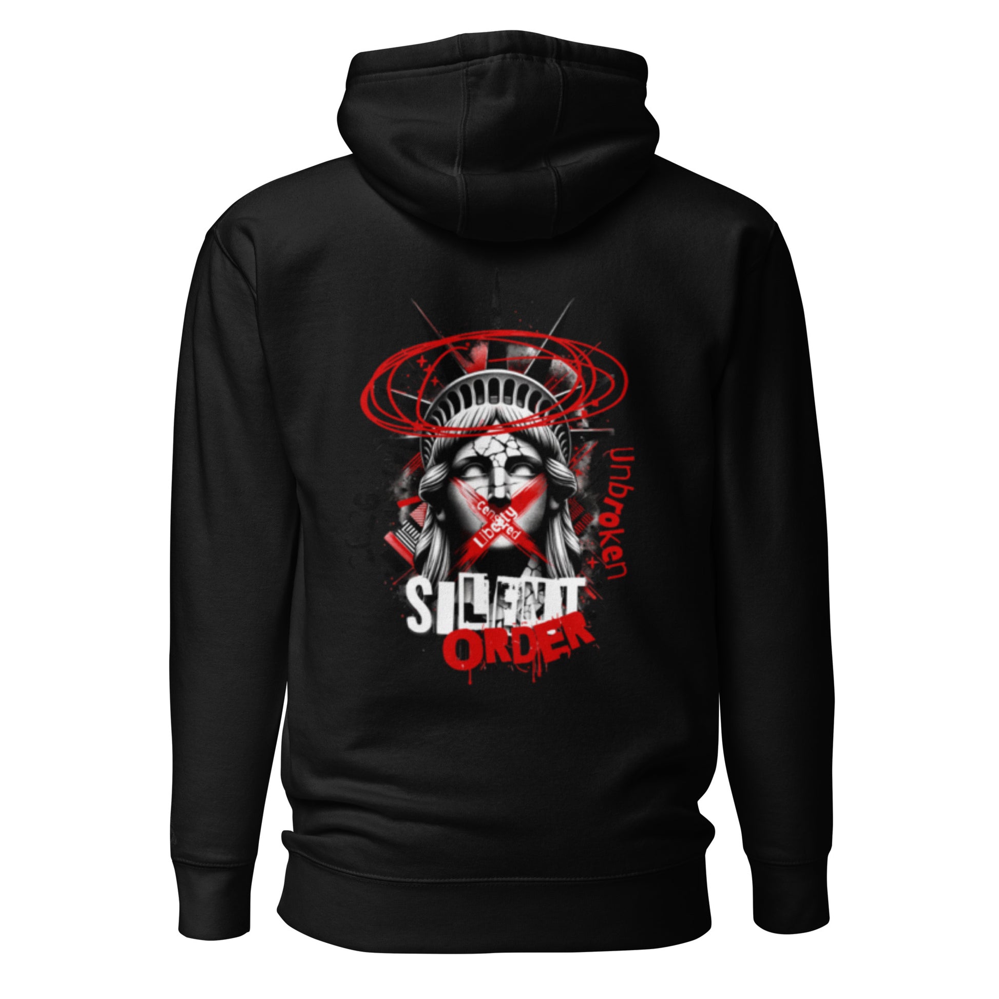 Black hoodie with a graphic design on the back featuring a stylized head and text, on a white background.