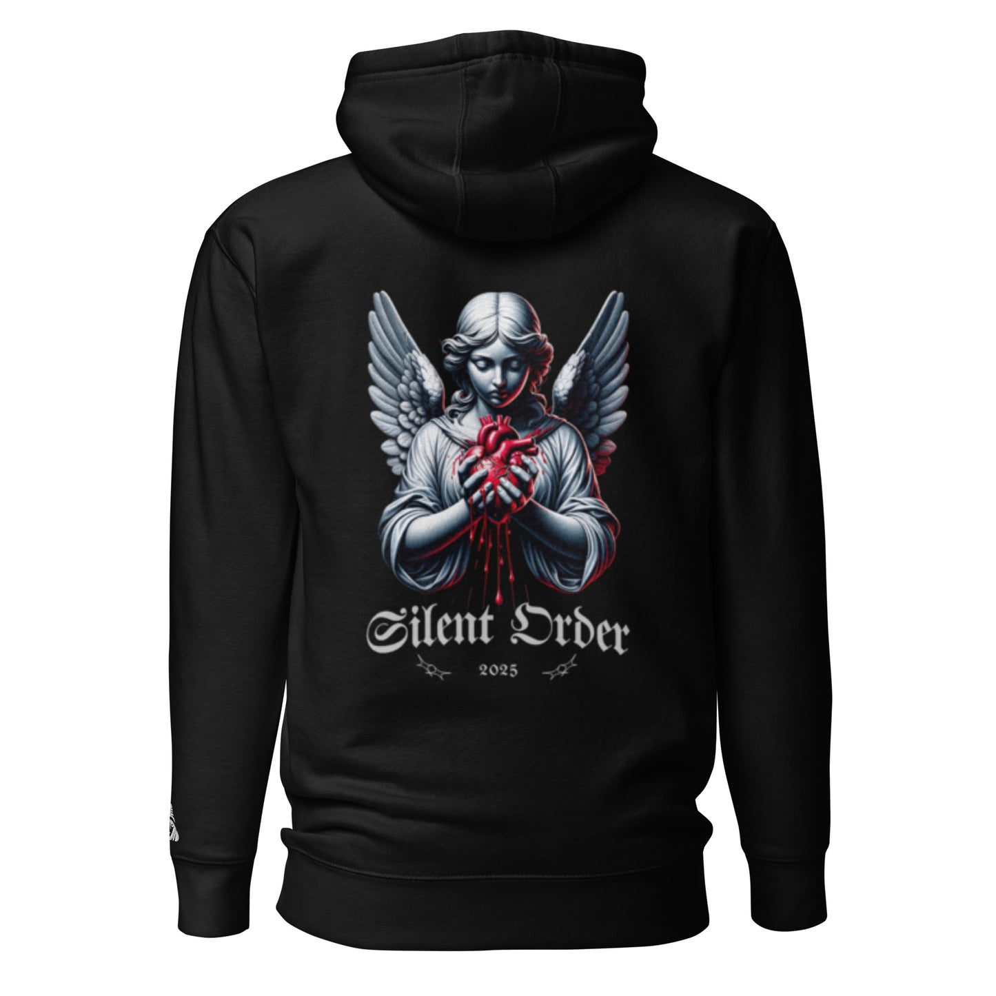 Black hoodie with an angel graphic and 'Silent Order' text on the back, on a white background