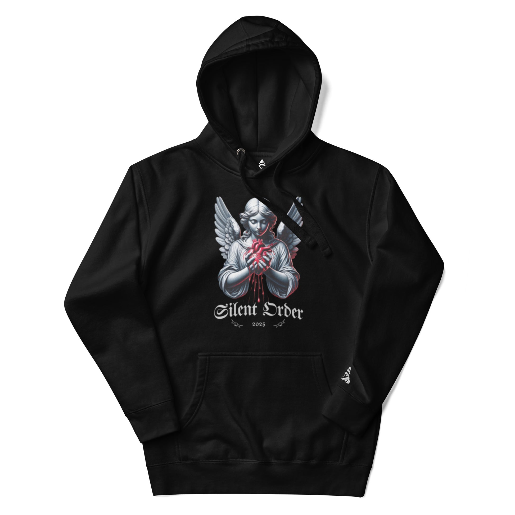 Black hoodie with graphic design and 'Silent Order' text on a white background