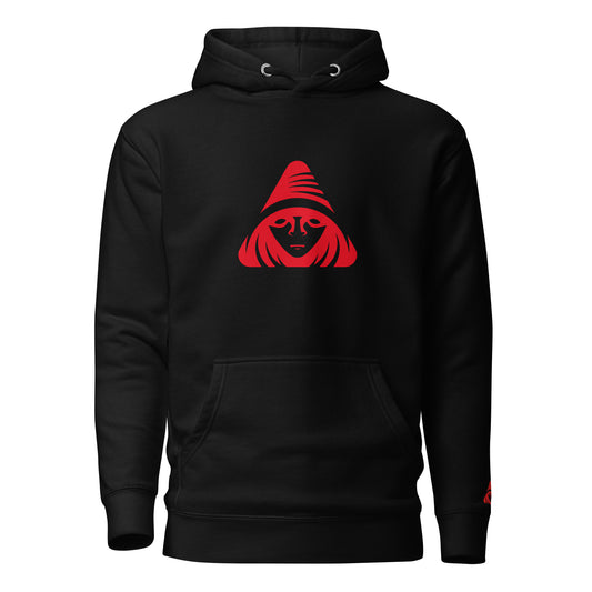 Black hoodie with a red graphic on a white background