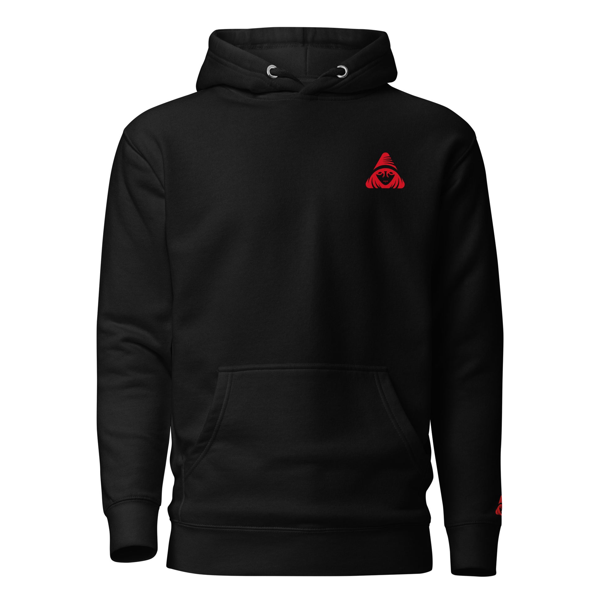 Black hoodie with a red logo on the chest against a white background