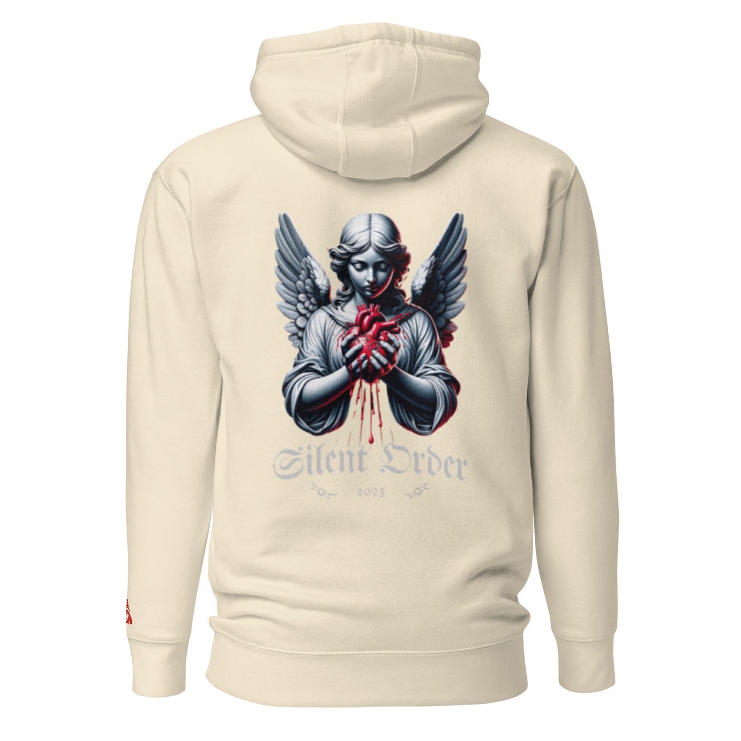 Beige hoodie with an angel graphic and 'Silent Crow' text on the back, on a white background