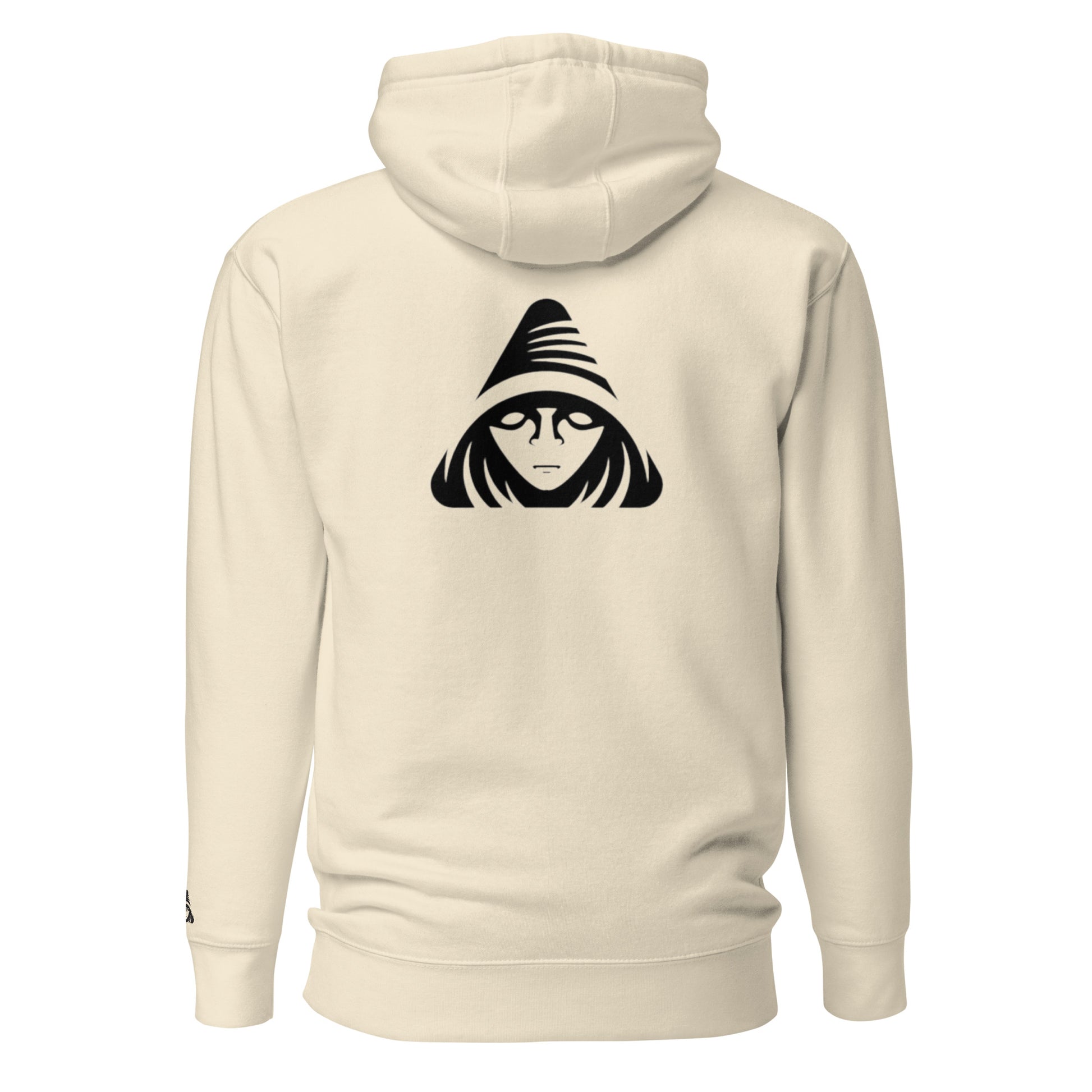 Beige hoodie with black graphic on the back on a white background