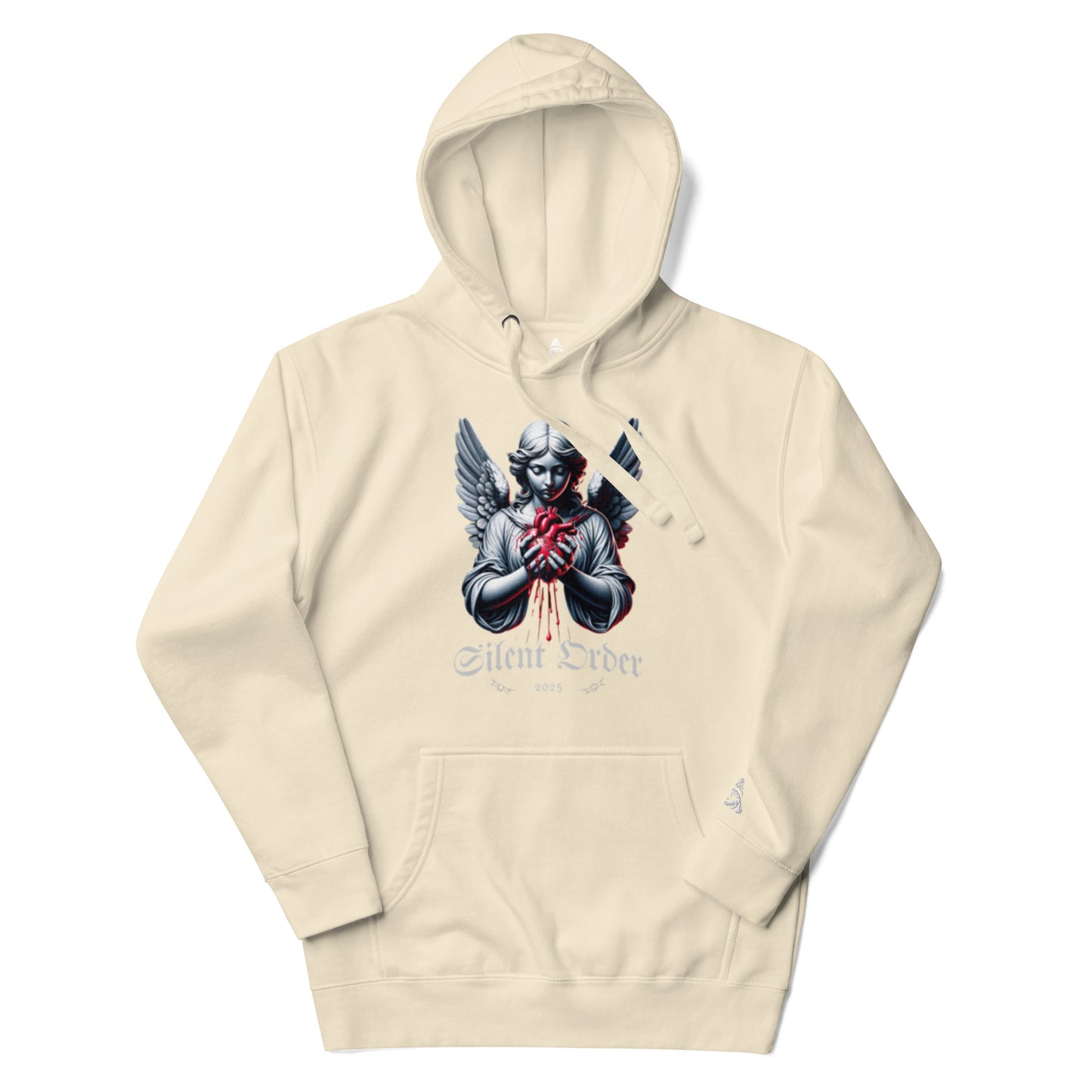 Beige hoodie with graphic design on a white background