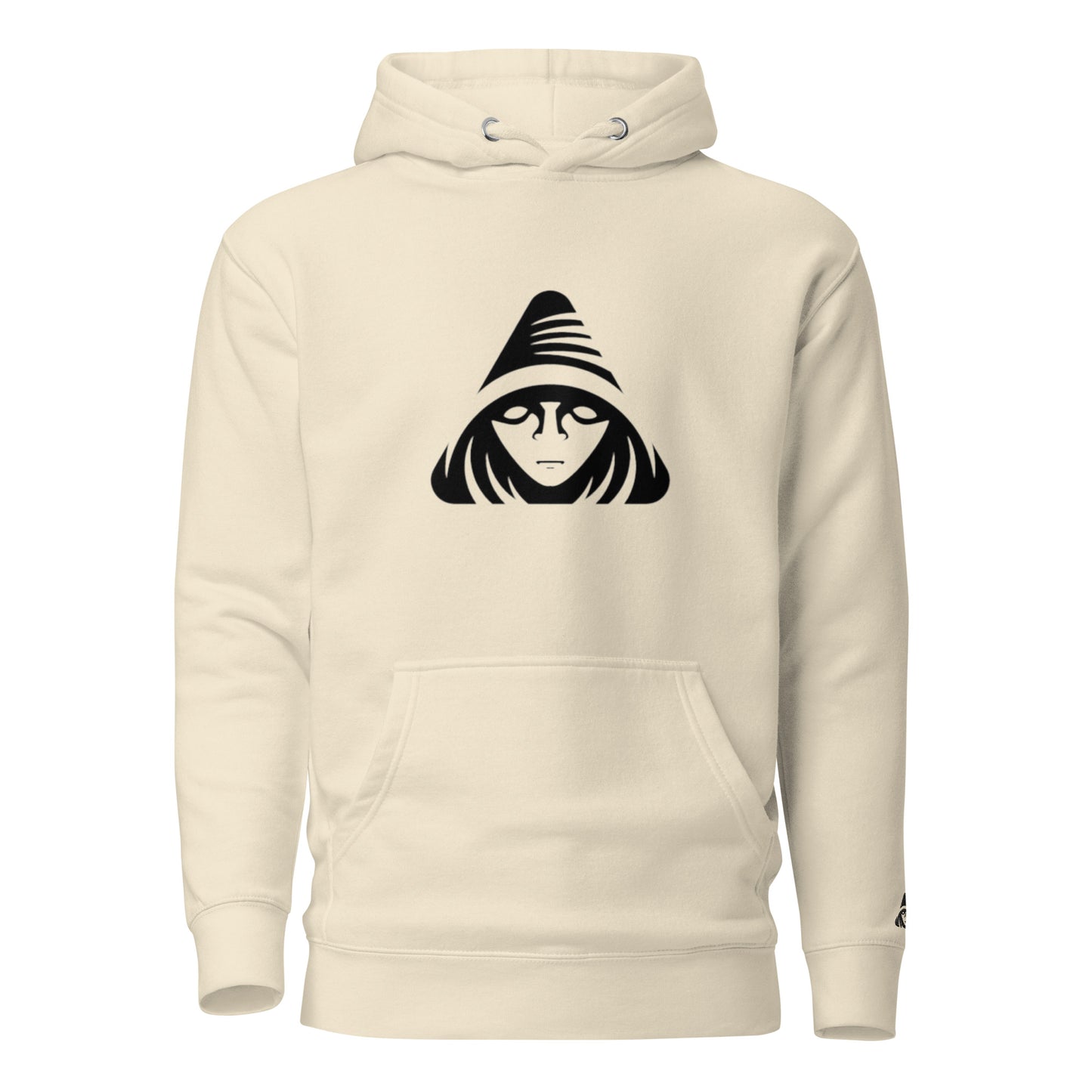 Beige hoodie with a black graphic design on a white background