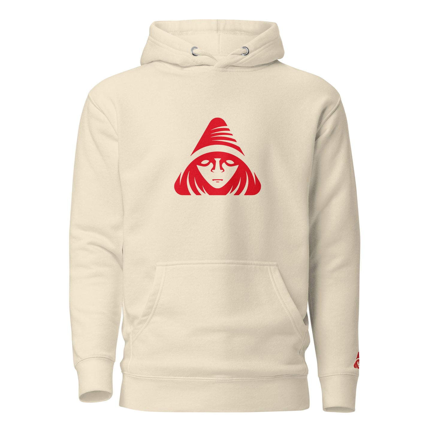 Beige hoodie with a red graphic on a white background