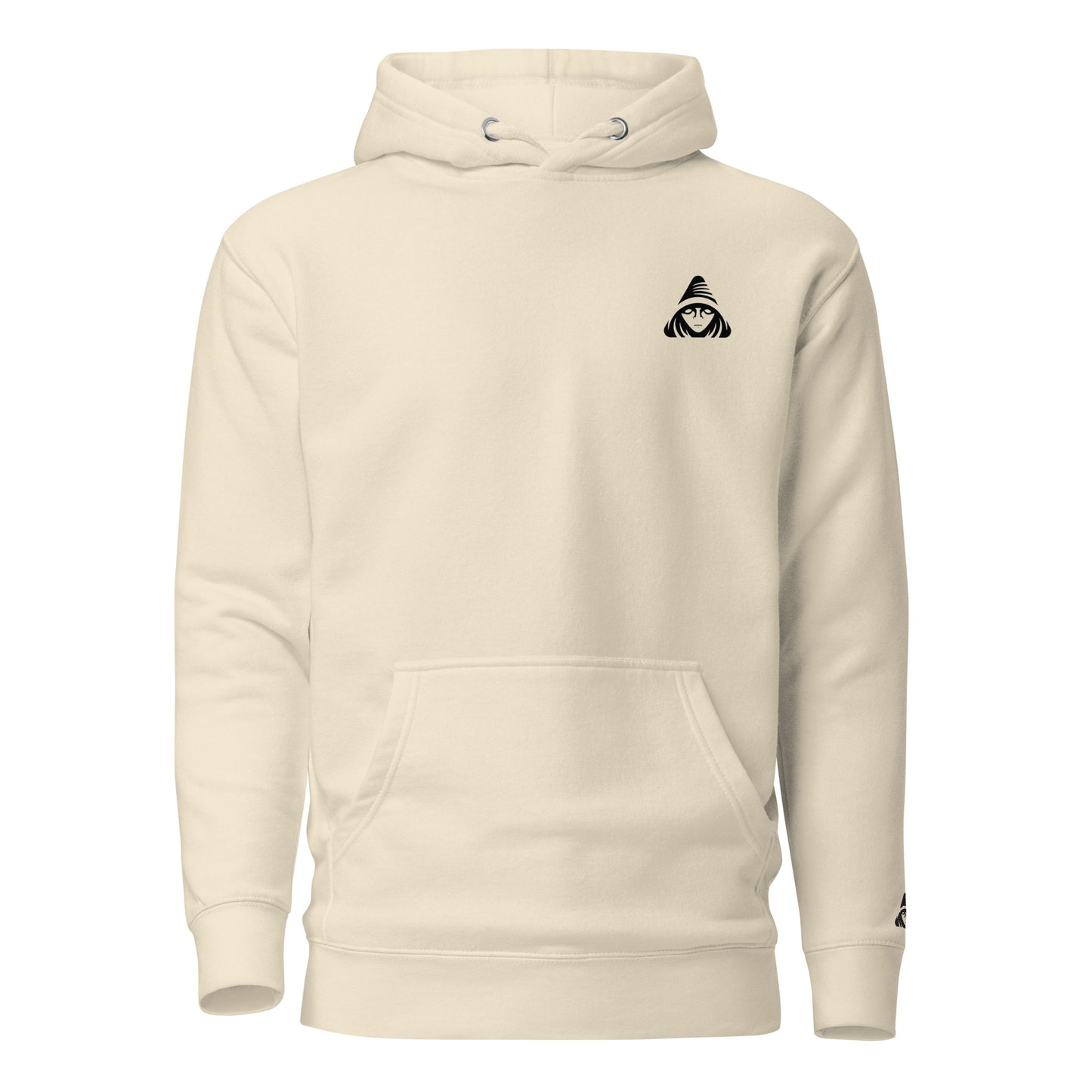 Beige hoodie with a black logo on a white background