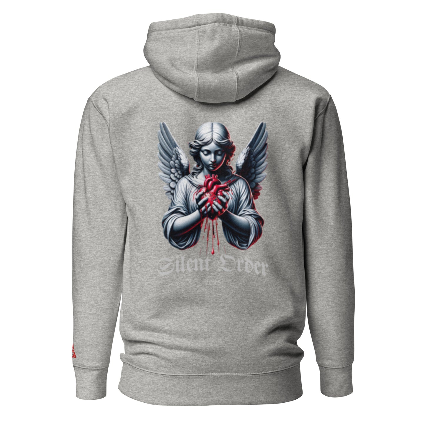 Gray hoodie with an angel graphic on the back against a white background