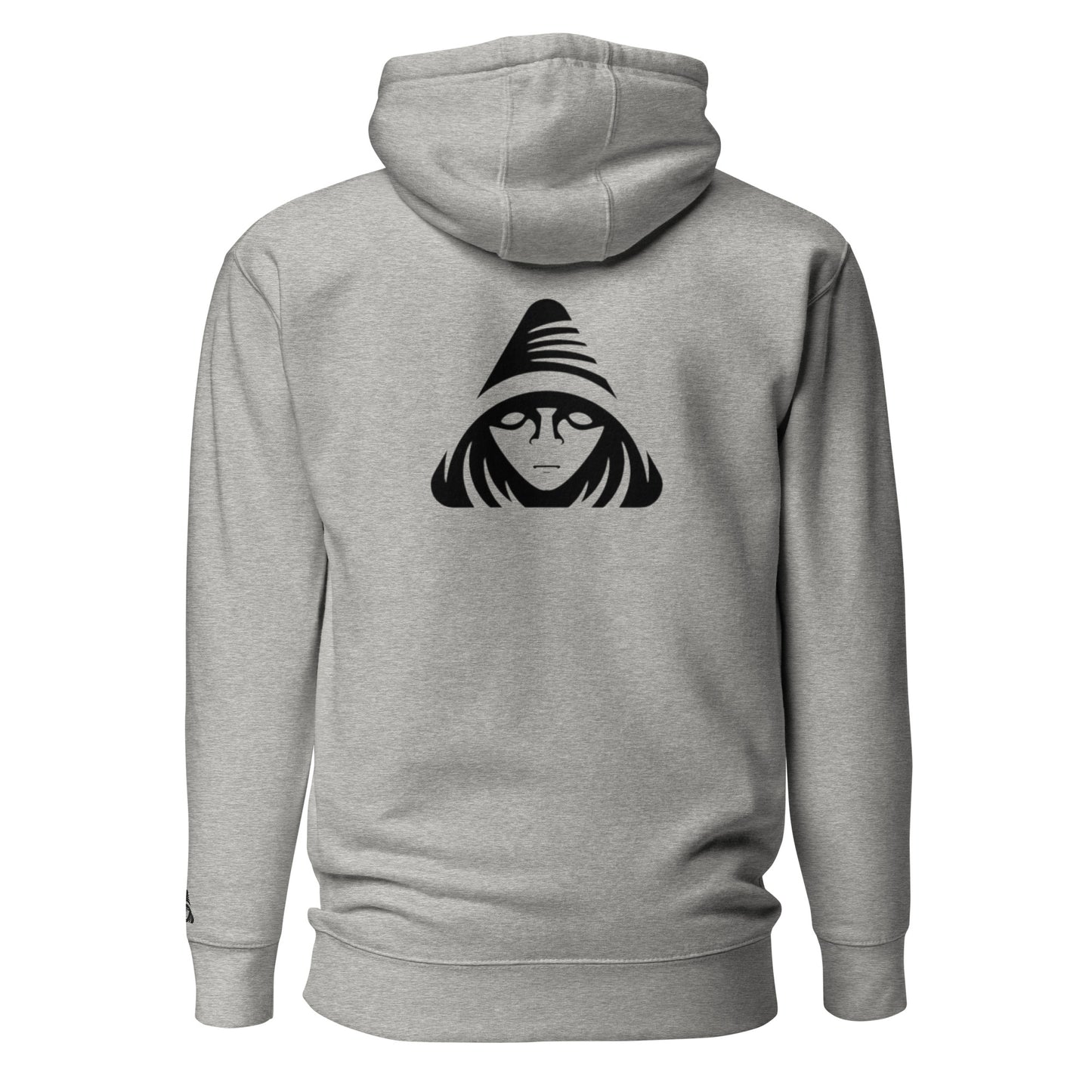 Gray hoodie with a black graphic on the back against a white background
